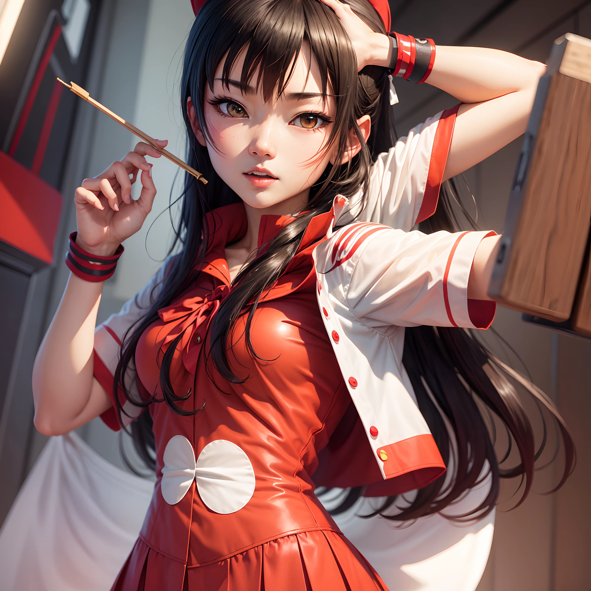 (Master Masterpiece), (Raw photography、best qualiy), ultra-highresolution, Professional artwork, Ultra Verbose, intricate, details face, Perfect lighting, (1 girl、Solo:1.2)、athena97、 Red pantyhose、 Purple eyes、Purple hair、Long hair、red hairband、White turtleneck、White puffy sleeves、Red pleated skirt、Yellow belt、Lamb spherical necklace、Red fingerless gloves、Red Open Vest、 Star Hair Ornament、ear ring、Medium Bullet、Half-sleeved、full entire body、(perfect hand:1.5)、(perfect_Anatomy:1.2)、Octane Render、(Crying、weak and tired eyes、Tears:1.2),(Bruises and blood stains on the face and body、blood flowing from head and face、injuries on body、damage、Wounds and cuts、bleeding lips:1.3),(Torn clothing、Tattered clothes:1.5)、Blood stains on clothes、(standing a、Fighting Pose:1.2)、 (Inside an abandoned factory)、tousled hair、Tired and weak face、(Perfect Body、flawless、perfect thighs)、Wet body、Sweaty body、((Muddy feet、Muddy skin、bloody skin:1.3))、(Film lighting)、Soft lighting、Complex and cinematic appearance、Cinema tick writing、Dynamic Angles