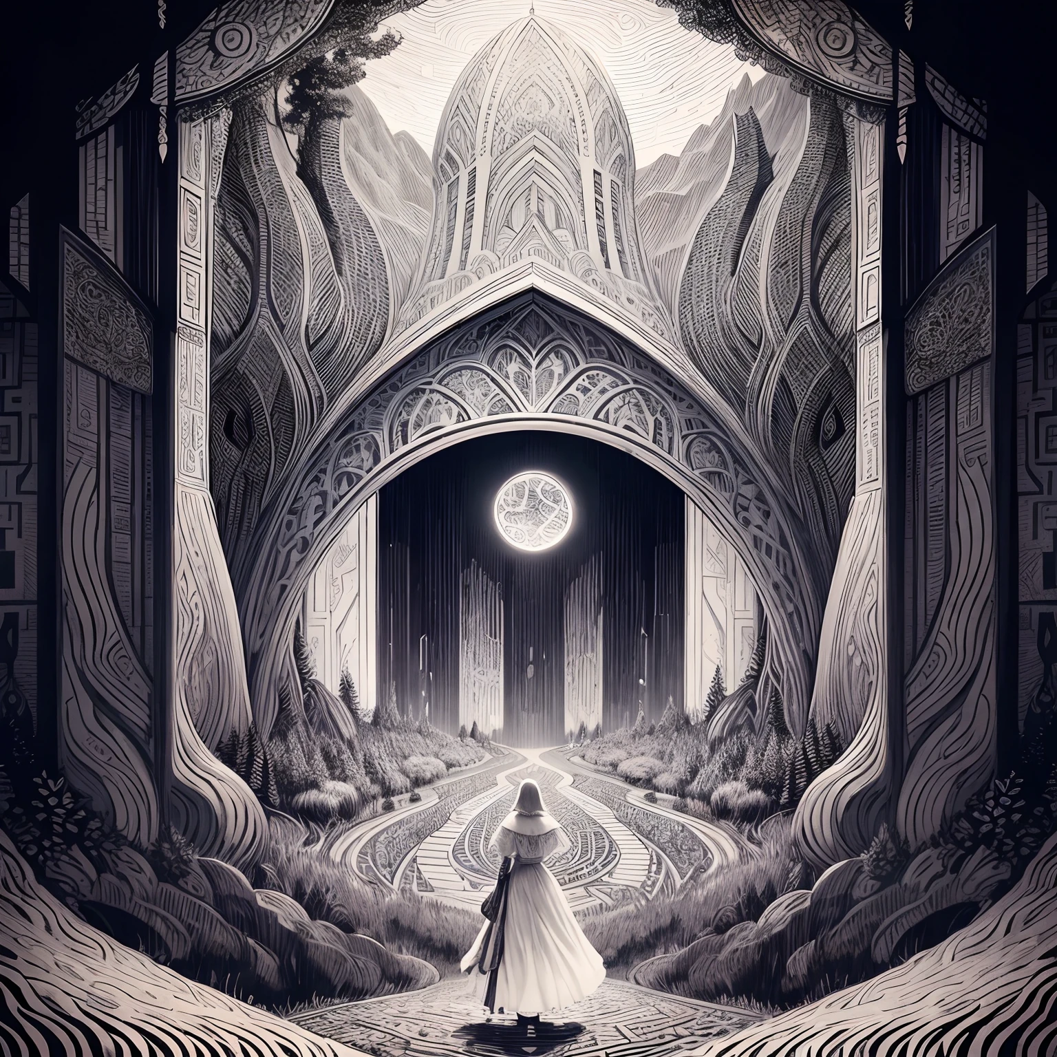 2️⃣ taylor swift's 'the labyrinth' front cover by joe dimaggio, in the style of intricate psychedelic landscapes, monochrome painting, hand-drawn animation, emily carr, woodcut, mountainous vistas, coded patterns --ar 9:16 --s 50