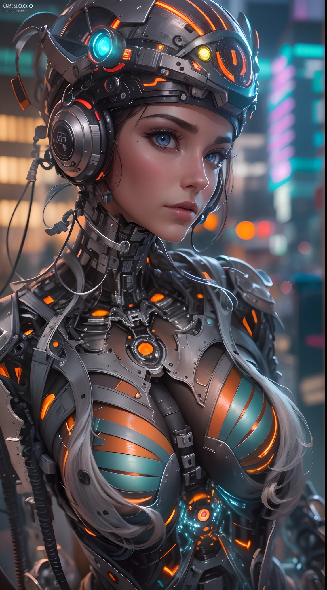 Topic prompts "Atomic heart, Mechanical girl" as follows: Atomic heart,Mechanical girl,With a glass mask,(((Wear a metal helmet that completely covers your face))),Mechanical body parts,Mechanical gears and gears, [Meticulous, Surgical precision],Cyberpunk style background,Science fiction art style,Vibrant colors,High-res,Ultra-detailed,Realistic lighting effects,Bokeh.