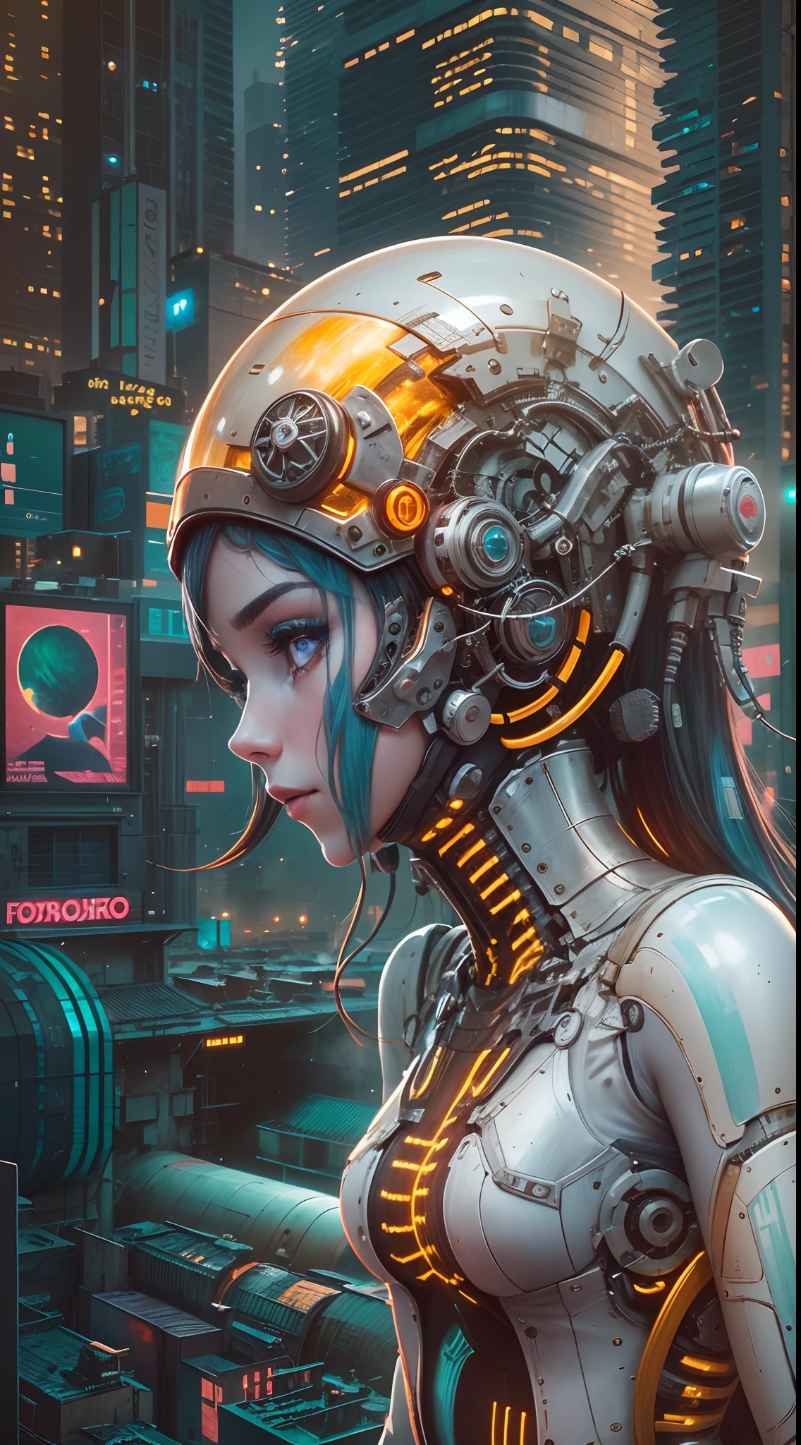 motor irreal:1.4,UHD,La mejor calidad:1.4, fotorrealista:1.4, textura de la piel:1.4, obra maestra:1.8,A mechanical girl of the future,Metal reluciente,Brilliant robotic movements,ethereal,futuristic tech,Inteligencia artificial avanzada,Cityscape illuminated with neon lights,Metal exoskeleton,rasgos faciales altamente detallados,brillantes ojos LED,Meticulously crafted faux leather,Moda futurista extravagante,flotando sobre el suelo,Explorando el paisaje urbano,futuristic tech,Exquisite craftsmanship,Metal limbs with intricate designs,Seamless integration of humans and machines,surrealista,Otherworldly atmosphere,Utopian cityscape in the backdrop,Armamento avanzado integrado en su cuerpo,emitiendo un brillo suave y vibrante,Mirada expresiva y cautivadora,Fuerza sobrehumana y agilidad,Adoptar una postura de confianza y poder,High-resolution portrait with vibrant colors and intricate details,impresionante,Impresionantes obras de arte. (La mejor calidad,4k,8k,Altas Resoluciones,obra maestra:1.2),ultra detallado,(realista,fotorrealista,fotorrealista:1.37),HDR,UHD,Studio lighting,Pintura ultrafina,foco nítido,physically based representation,extreme detail description,profesional,vivid colors,Bokeh,retratos,Artistas conceptuales