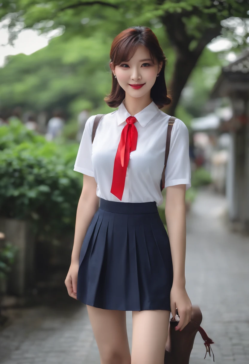 ((An exquisite beauty with bewitching elegance and sex appeal:1.2)), Intricate details, (1 female), ((30 year old mature Japan woman:1.2))、((Outdoor exposure on a street corner in the middle of the night))、(((collared white blouse、red ribbon tie、short sleeved、knee length pleated skirt、school knee-hight navy socks 、luster , satin panties、black thong、lift up skirt、showing panties、)))、masochist、(((Costumes do not disappear in the middle)))、((top-quality、8k、masterpiece:1.3))、Crisp focus:1.2、(Photorealsitic:1.4)、RAW Photography、Anatomically correct body、(Small pelvic circumference)、(A slender)、Big mouth、slightly thicker lips、(((The shape of the nipples that stand out clearly、line that stands out clearly)))、((hairless pussy))、Look at viewers、A smile、A dark-haired、Hairstyle is free、large full breasts、Farbe々Free bold sexy pose with selfie from an angle、Exposure play showing a glimpse with a selfie