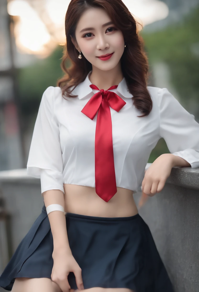 ((An exquisite beauty with bewitching elegance and sex appeal:1.2)), Intricate details, (1 female), ((30 year old mature Japan woman:1.2))、((Outdoor exposure on a street corner in the middle of the night))、(((collared white blouse、red ribbon tie、short sleeved、knee length pleated skirt、school knee-hight navy socks 、luster , satin panties、black thong、lift up skirt、showing panties、)))、masochist、(((Costumes do not disappear in the middle)))、((top-quality、8k、​masterpiece:1.3))、Crisp focus:1.2、(Photorealsitic:1.4)、RAW Photography、Anatomically correct body、(Small pelvic circumference)、(A slender)、Big mouth、slightly thicker lips、(((The shape of the nipples that stand out clearly、line that stands out clearly)))、((hairless pussy))、Look at viewers、A smile、A dark-haired、Hairstyle is free、large full breasts、Farbe々Free bold sexy pose with selfie from an angle、Exposure play showing a glimpse with a selfie