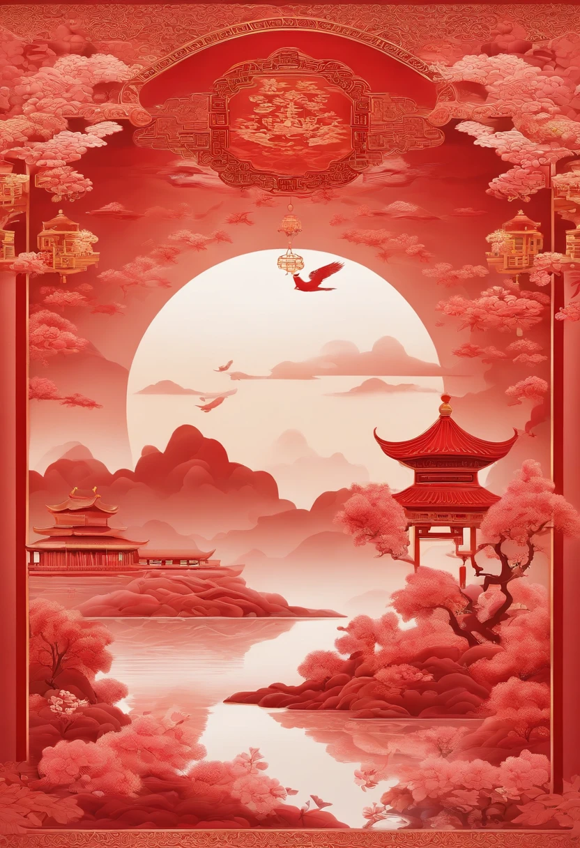 Design a set of UIs,Chinese elements,Auspicious clouds,Red tone,Complex and beautiful,opulent,Landscapes, flowers and birds