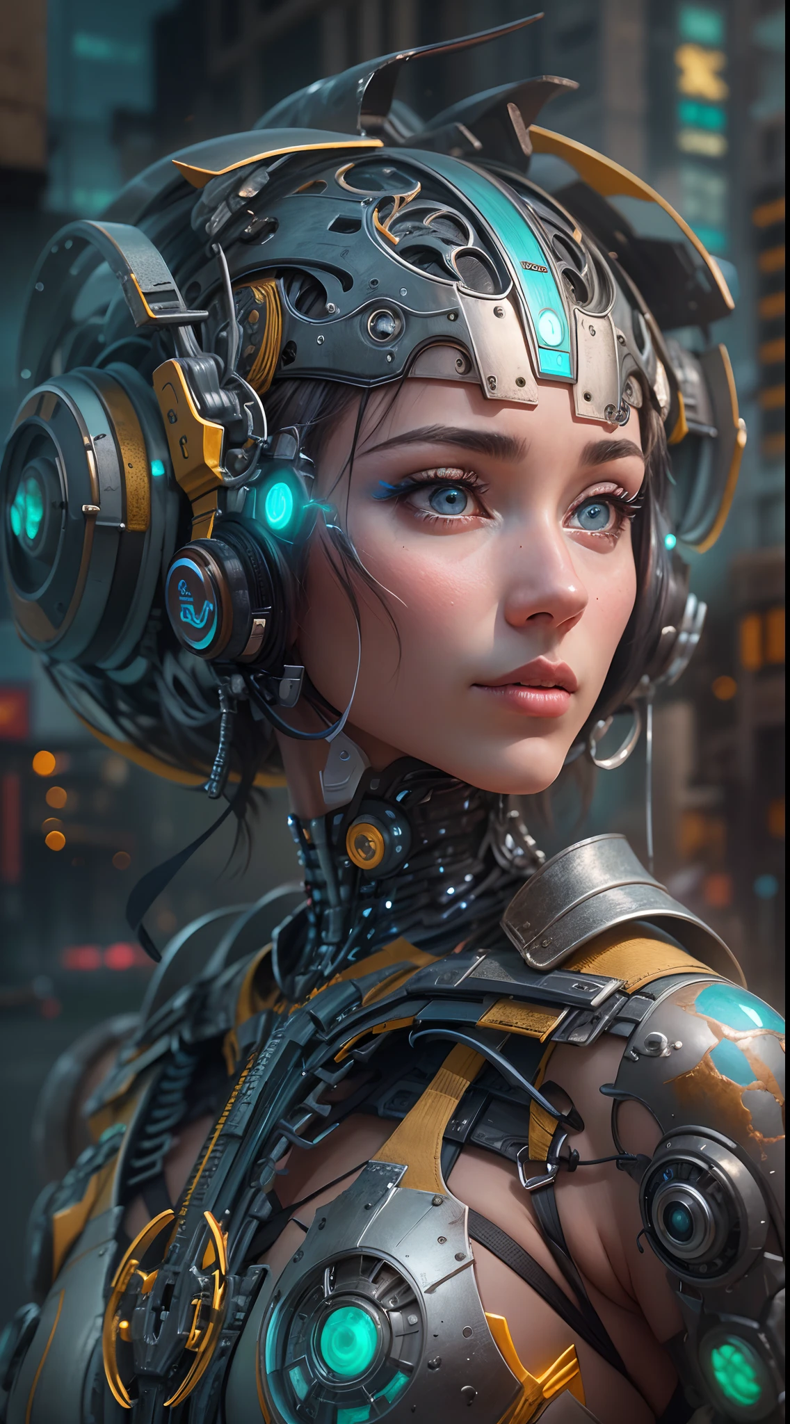 motor irreal:1.4,UHD,La mejor calidad:1.4, fotorrealista:1.4, textura de la piel:1.4, obra maestra:1.8,A mechanical girl of the future,Metal reluciente,Brilliant robotic movements,ethereal,futuristic tech,Inteligencia artificial avanzada,Cityscape illuminated with neon lights,Metal exoskeleton,rasgos faciales altamente detallados,brillantes ojos LED,Meticulously crafted faux leather,Moda futurista extravagante,flotando sobre el suelo,Explorando el paisaje urbano,futuristic tech,Exquisite craftsmanship,Metal limbs with intricate designs,Seamless integration of humans and machines,surrealista,Otherworldly atmosphere,Utopian cityscape in the backdrop,Armamento avanzado integrado en su cuerpo,emitiendo un brillo suave y vibrante,Mirada expresiva y cautivadora,Fuerza sobrehumana y agilidad,Adoptar una postura de confianza y poder,High-resolution portrait with vibrant colors and intricate details,impresionante,Impresionantes obras de arte. (La mejor calidad,4k,8k,Altas Resoluciones,obra maestra:1.2),ultra detallado,(realista,fotorrealista,fotorrealista:1.37),HDR,UHD,Studio lighting,Pintura ultrafina,foco nítido,physically based representation,extreme detail description,profesional,vivid colors,Bokeh,retratos,Artistas conceptuales
