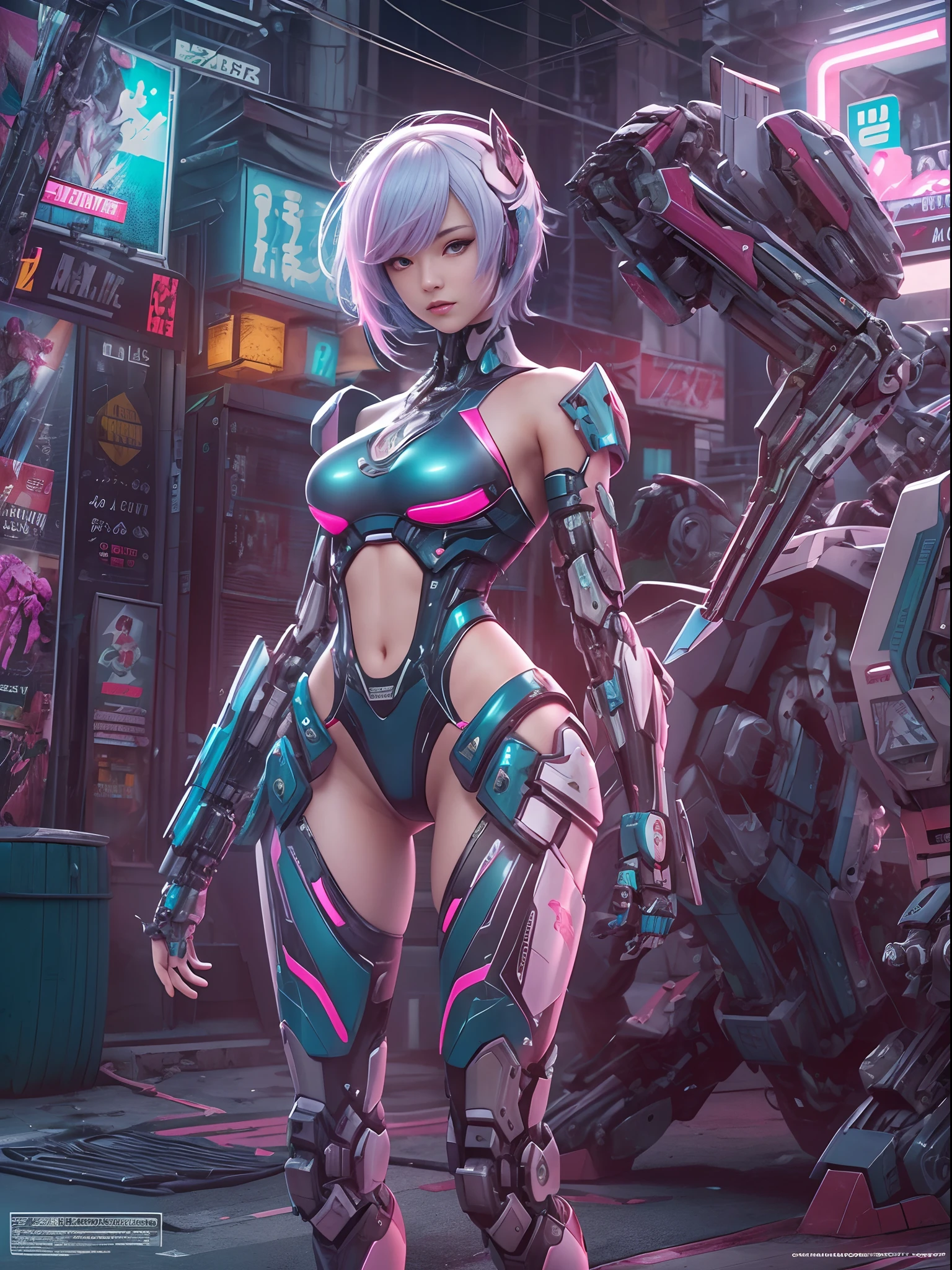 tmasterpiece, high high quality, A high resolution, high textured, 8K, HighDynamicRange, Robot girl in bikini costume, Medium breasts, Pink transparent tights, mechs, Medium cyan hair, By bangs, Mechanical prosthetics, mechanical leg, messy  hair, Detailed skins，fine-grained skin, natta, Blur Cyberpunk City,（globalillumination，Ray traching，hdr，The rendering is not realistic，Rational design，high detal，tmasterpiece，best qualtiy，hyper HD，cinmatic lighting），Mecha musume