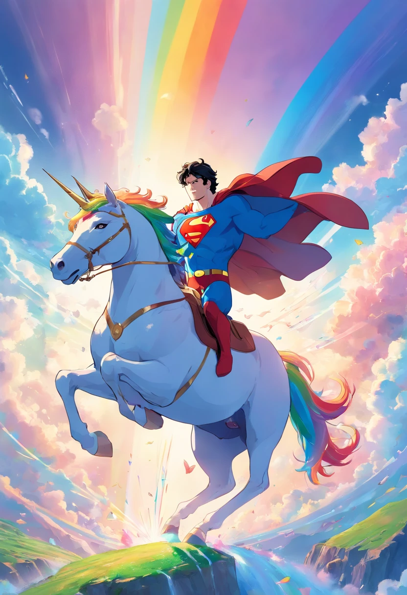 superman riding on a unicorn with a rainbow