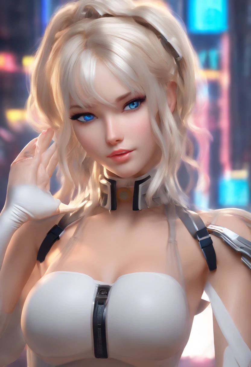 woman, Realistic character,coiffed blonde hair, White silk dress,Show the chest,Blue eyes, anime big breast, Alone, modern, cyber punk perssonage,fully body photo