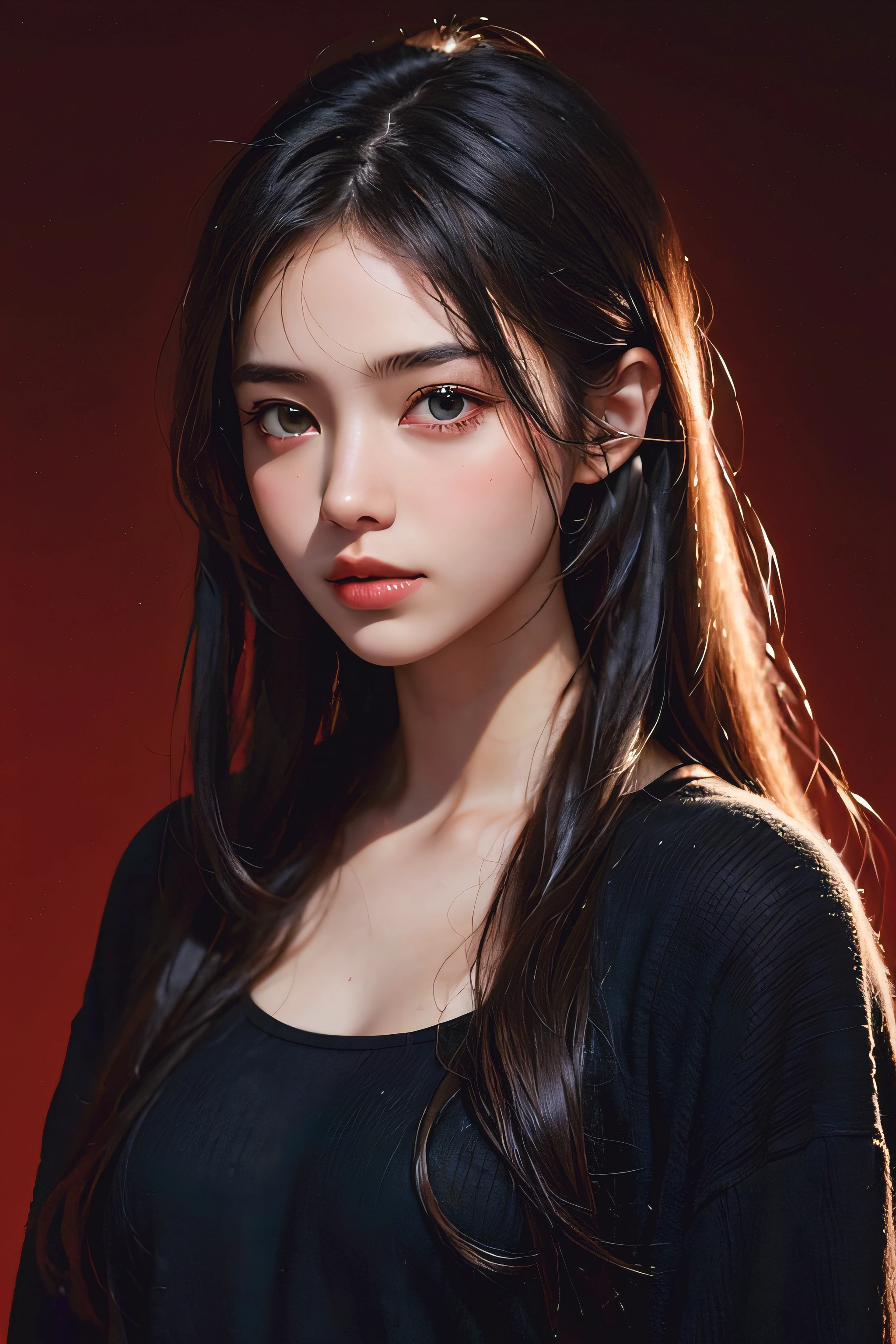 a 20 yo woman,long hair,dark theme, soothing tones, muted colors, high contrast, (natural skin texture, hyperrealism, soft light, sharp),red background,simple background,