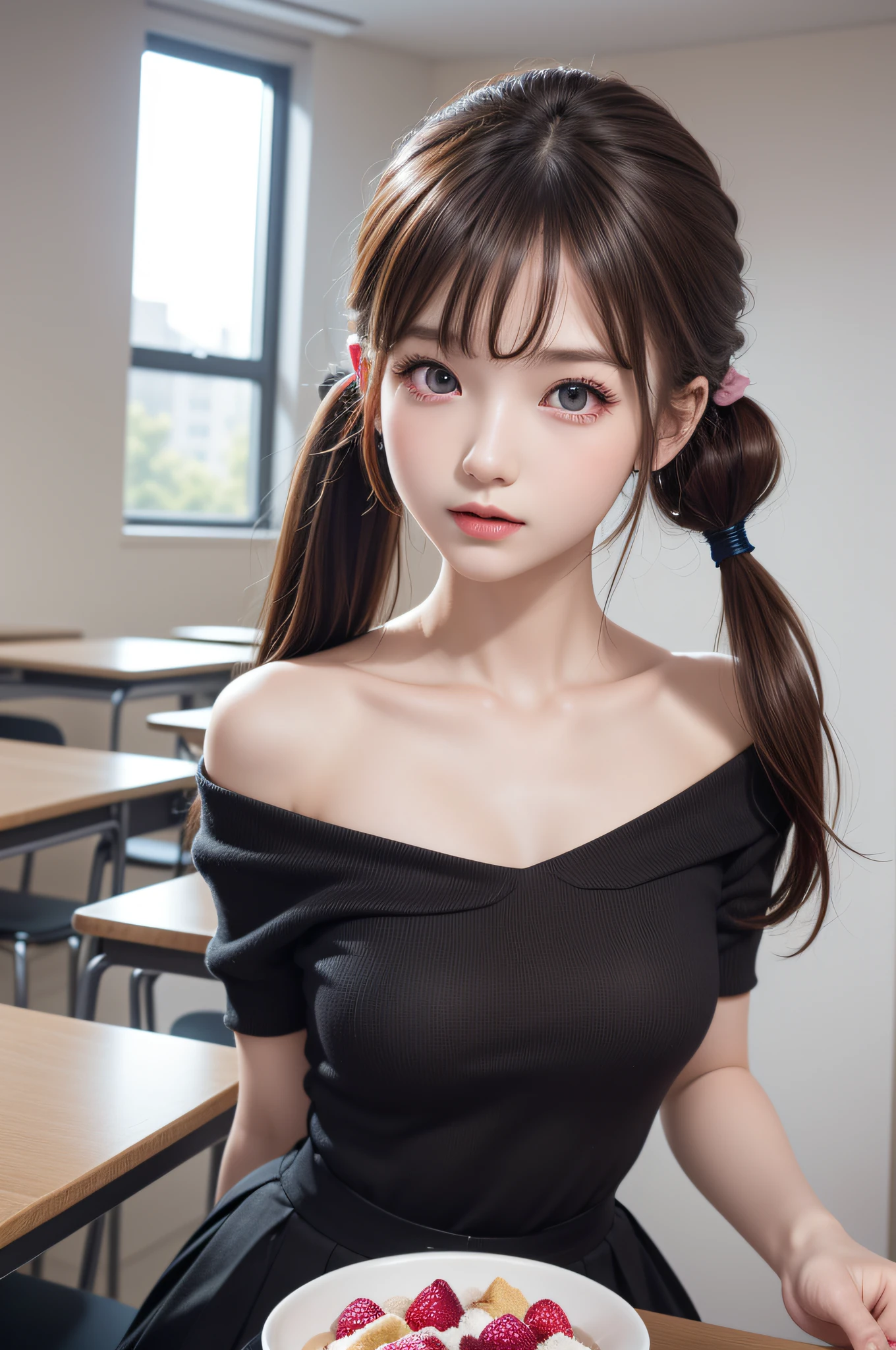 (Table Top), (8K, RAW Photos, highest quality, masterpiece:1.2), (Realistic, Photorealistic:1.37), Ultra-detailed, 超 high resolution, (Movie heroine), (((School classroom after school))), (14 year old beautiful girl, Baby Face:1.5), ((Short pigtails)), (Model-like posture), (Small beautiful butt:1.2), (Thin thighs), (Narrow waist), (Small breasts), (Stunningly beautiful face:1.2, Idol Face), ((Silk tank top:1.2, Silk mini skirt:1.2, Unique costume design:1.4, Professional costume coordination:1.4)), (Dynamic Angle), Dynamic Lighting, (Detailed eyes and face:1.3), (Detailed hands:1.3), (small beautiful hands:1.3), (Perfect Anatomy:1.3), ((Provocative and sadistic expression:1.6)), (Flushed Cheeks:1.2)