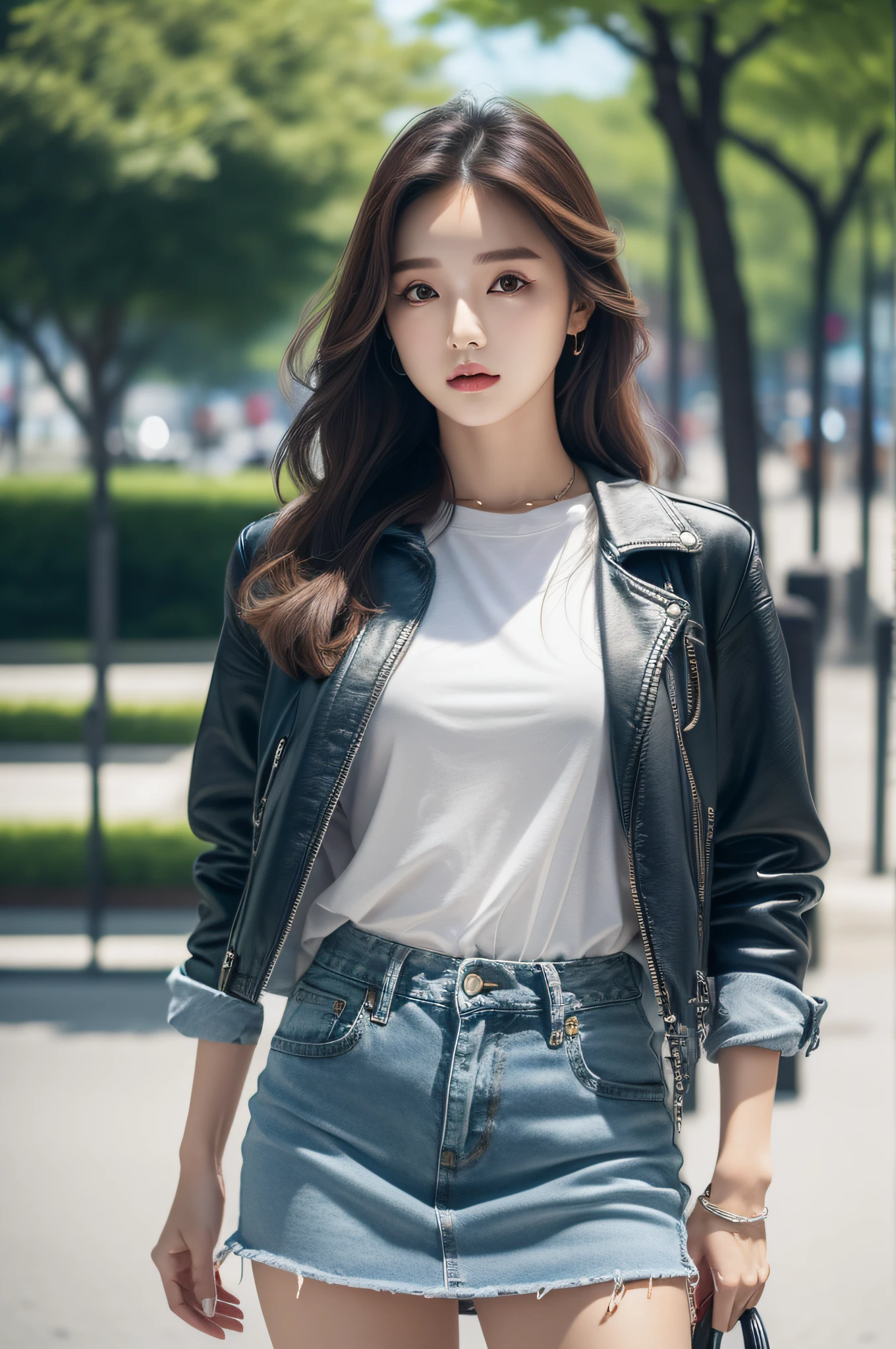 a park、 a picture、realisitic、Beautuful Women、Leather jacket、tshirts、Denim tight skirt、A detailed face、Detailed lips、A detailed eye、luslous skin、One Person