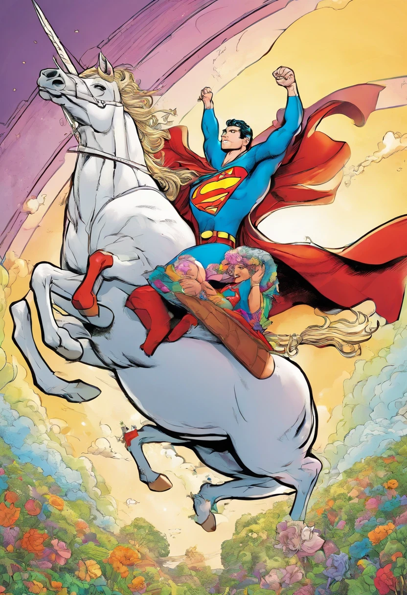 superman riding on a unicorn with a rainbow