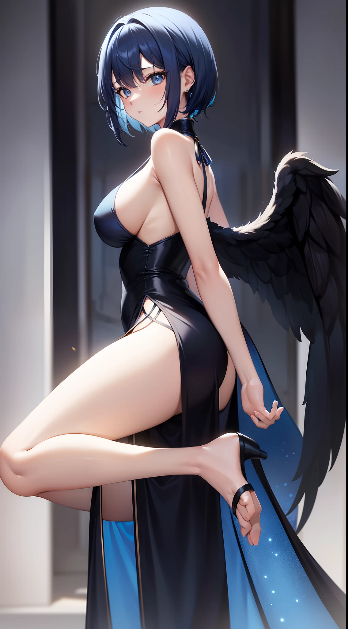 Tall girl, Short blue hair, blue eyes, Black Chinese dress, Blue inserts, open shoulders, big angel wings, Masterpiece, hiquality, high detail, HD, 4k