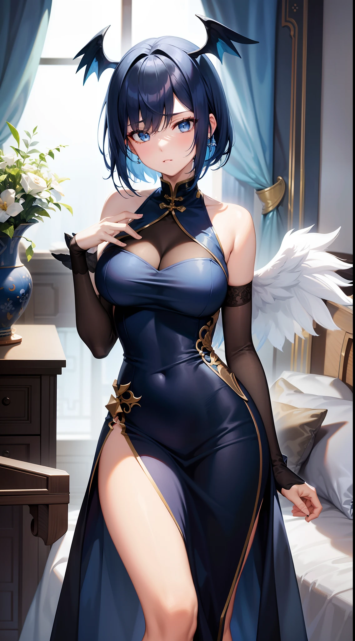 Tall girl, Short blue hair, blue eyes, Black Chinese dress, Blue inserts, open shoulders, big angel wings, Masterpiece, hiquality, high detail, HD, 4k