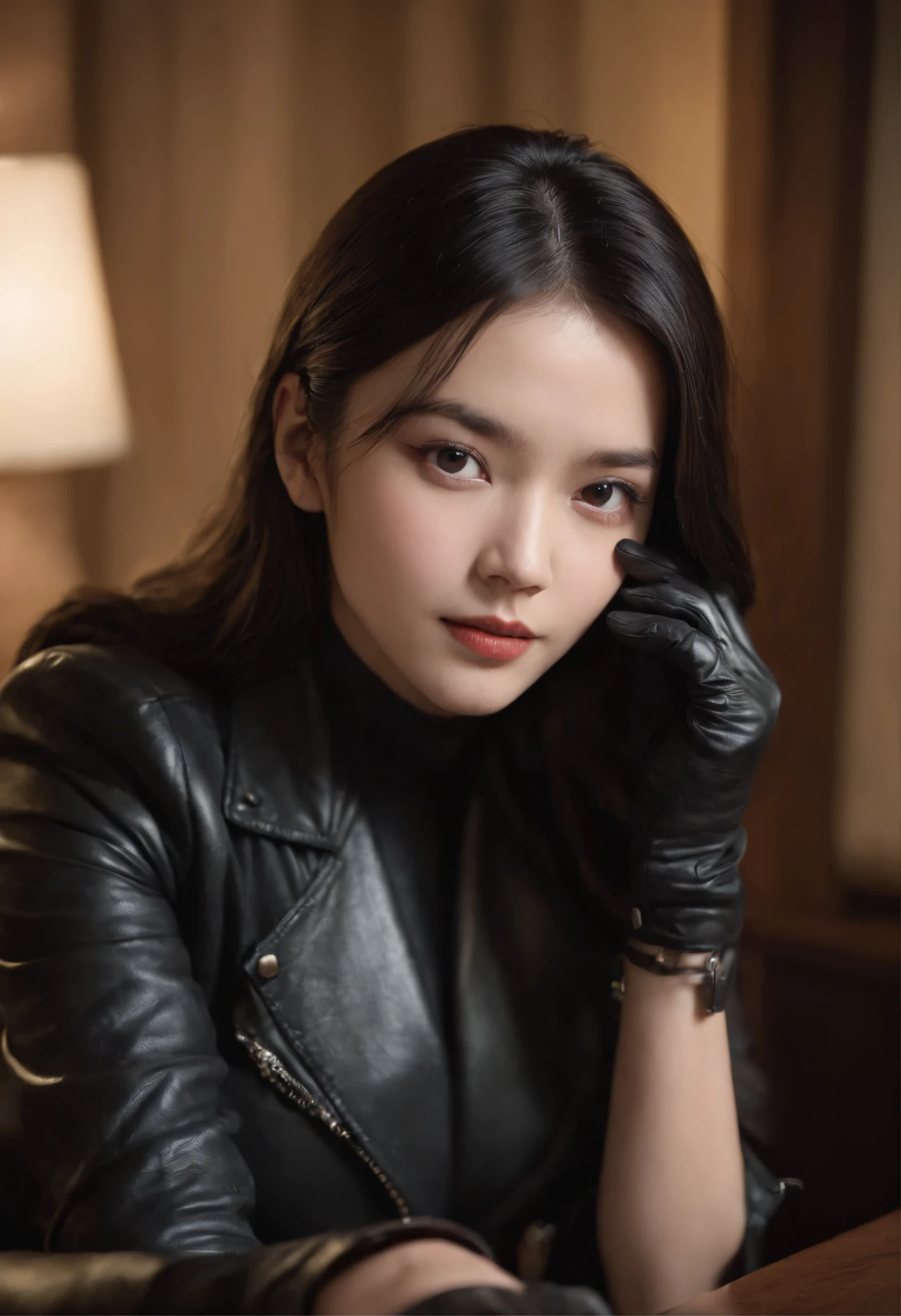 Both hands are covered with black leather gloves up to the fingertips, upper body, black leather double rider jacket, slender necklace, young and cute Japanese girl with beautiful black hair, sitting on a black leather chair facing the desk in the president's room at night, reaching out