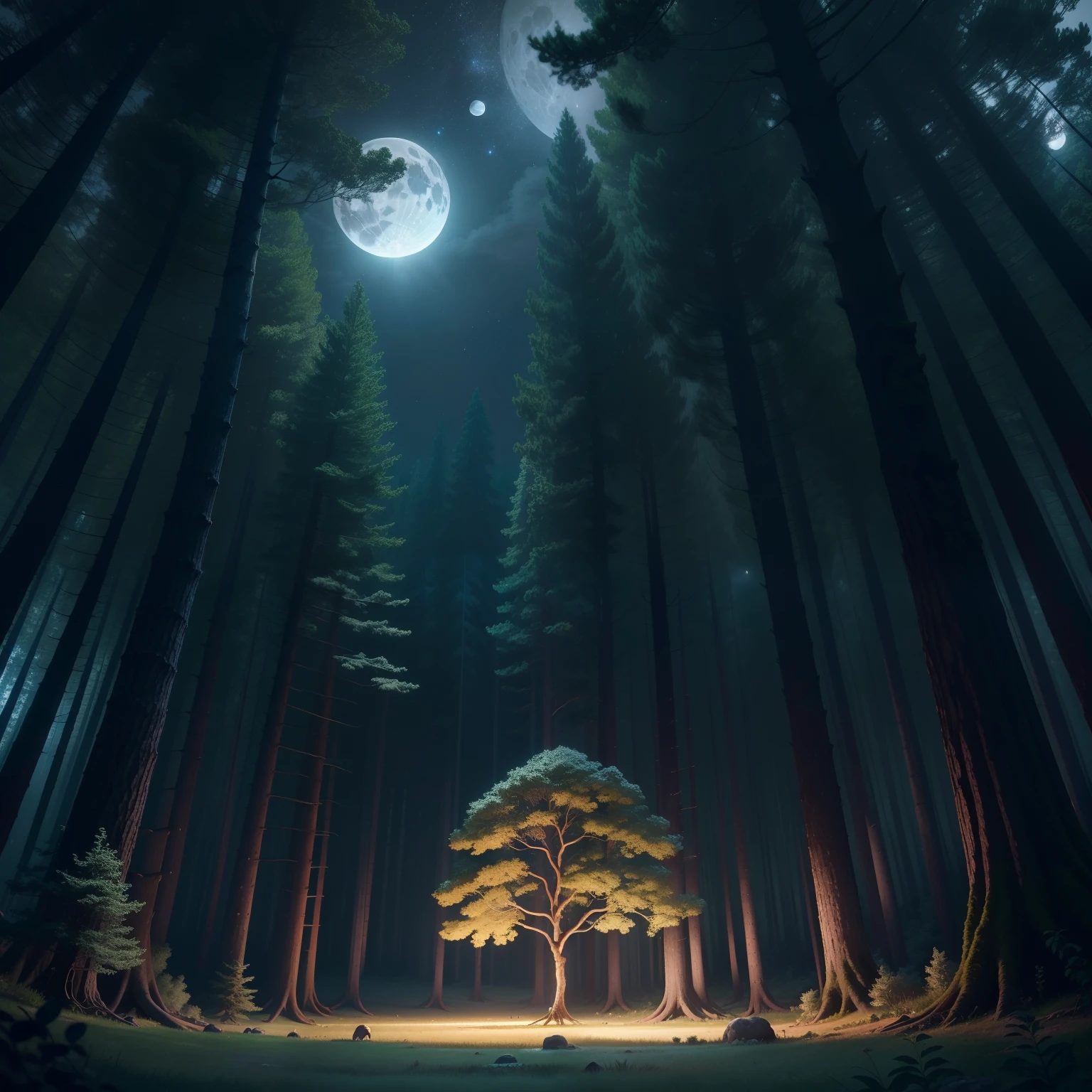 obra prima、qualidade superior、alta qualidade、Highly detailed CG Unity 8k wallpapers、CG altamente detalhado、high resolution photo、4,0 million photos in pixels、Professional camera work、na floresta escura、Do meio da floresta escura、Full moon directly above the forest at night、Diretamente acima da lua、Lone forest、floresta assustadora、floresta escura、Cloudless night sky、Apenas ao luar、There are no people、nenhum animal、in forest alone、Apenas lua cheia、An imposing tree々、Enchanting and dreamy scenes of a fantastic forest、