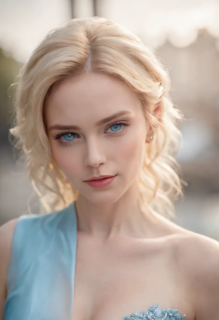 woman, Realistic character,coiffed blonde hair, Sky blue silk dress,Show the chest,Blue eyes, anime big breast, Alone, modern, cyber punk perssonage,fully body photo