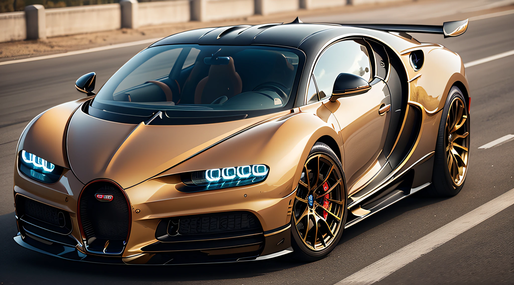 Bugatti Chiron Super Sport Golden era,close-up photo,Photography,clear facial features,Photorealistic,DSLR,full body,
