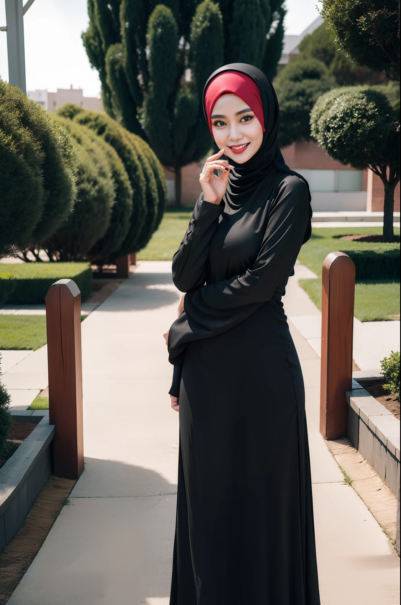 25old years, hijab, long dress, black legging, Standing at park, glare expression, smile, Slanted eyes, red nails, at photo room, half body, beautiful face, photorealistic, masterpiece
