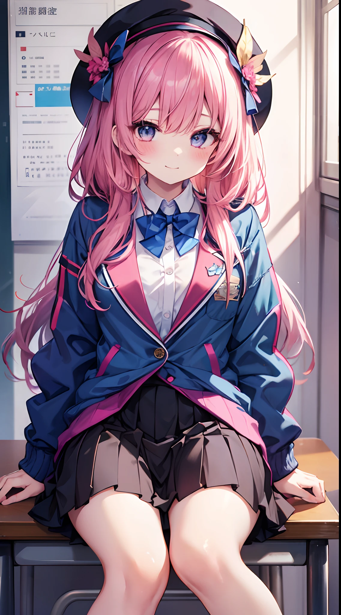 Masterpiece to the smallest detail、top-quality、1girl in、独奏、Looks like a 5-year-old、140cm petite beautiful girl、small tits、5 year old baby face、red hairs、Gradient Bob Forward、Pink and purple mesh、tall, Big eyes、Outstanding looks、A lovely child、proximity、Closed_Mouth、A smile、red blush、full of shyness、blue headwear、Hats、pink bowtie、校服、 Blue jacket、jaket、skirt by the、Gray skirt shirt、white shirt、an legs、Black socks、sitting on、Classroom、hair_ornament detached、up looking_で_viewer、beatiful detailed eyes、Akame、panties on、lift up one's skirt、Professional effects、