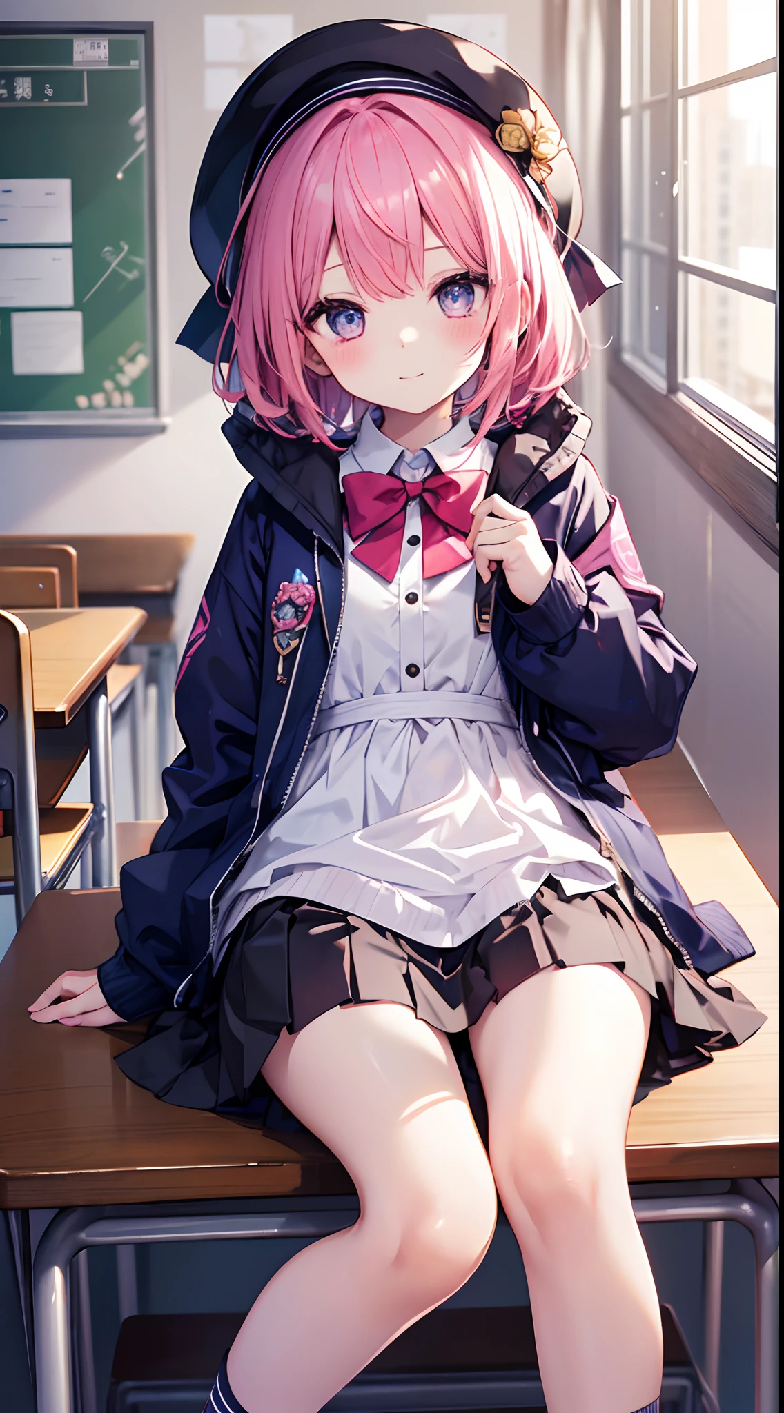 Masterpiece to the smallest detail、top-quality、girl with、、独奏、Looks like a 12-yeaoldcm pee beautiful girl、small tits、a baby face、silbee Perfect Five Fingers、Gradient Bob Forward、Pink and purple mesh、red eyes、Red Eyes、tall, Big eyes、Outstanding looks、A lovely child、proximity、Closed_MA smile、red blush、full of shyness、blue headwear、Hats、pink bowtie、校服、 Blue jacket、jaket、skirt by the、Gray skirt shirt、white shirt、an legs、Black socks、sitting on、Classroom、hair_ornament detached、up looking_で_viewer、beatiful detailed eyes、Akame、Striped panties、((Panties in full view)) lift up one's skirt、Professional effects、