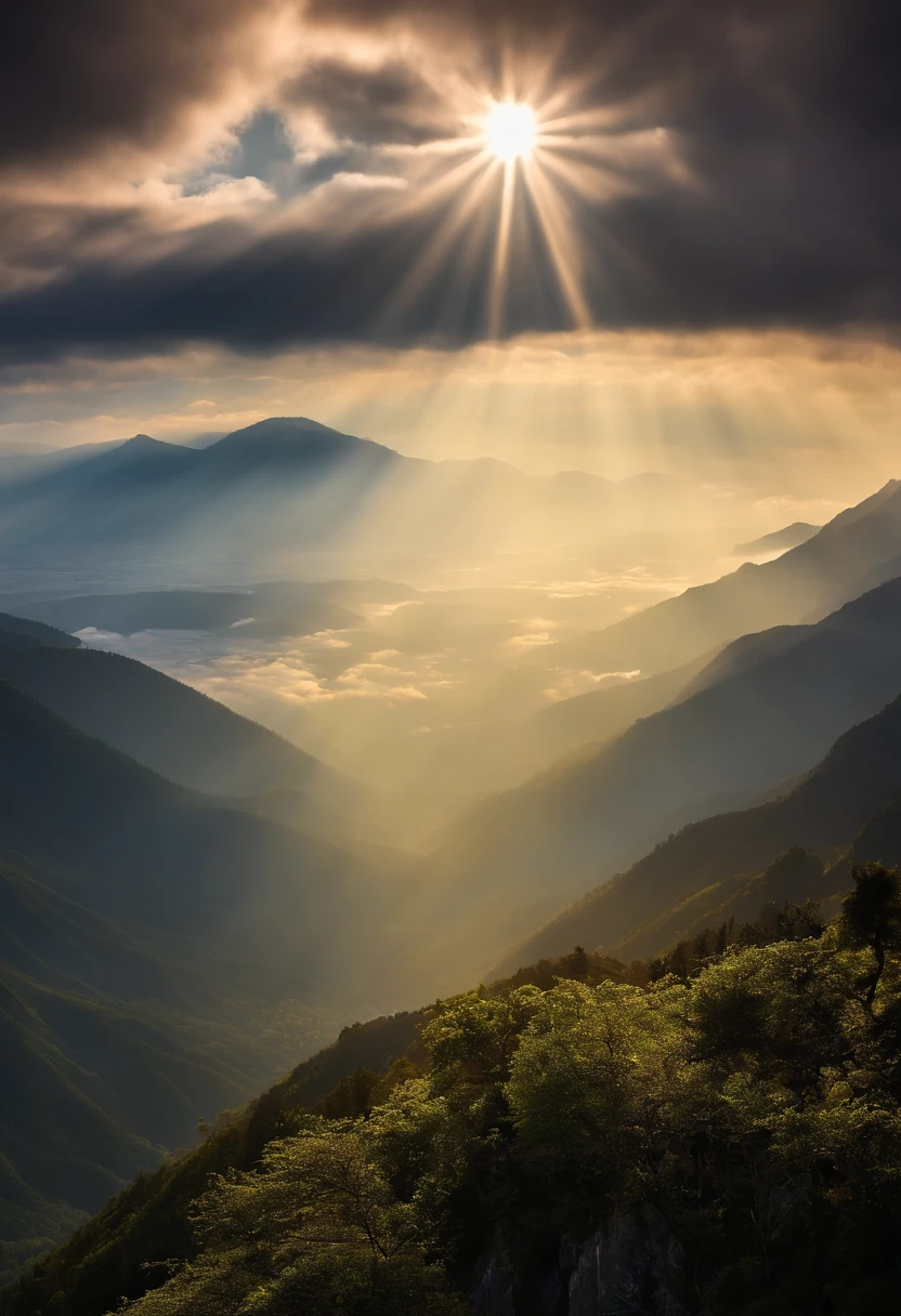 Sun Rays,sea of clouds,mountain ranges,drak,Glorious,landscapes,Chinese Big,Fairytale,light effect,dream magical