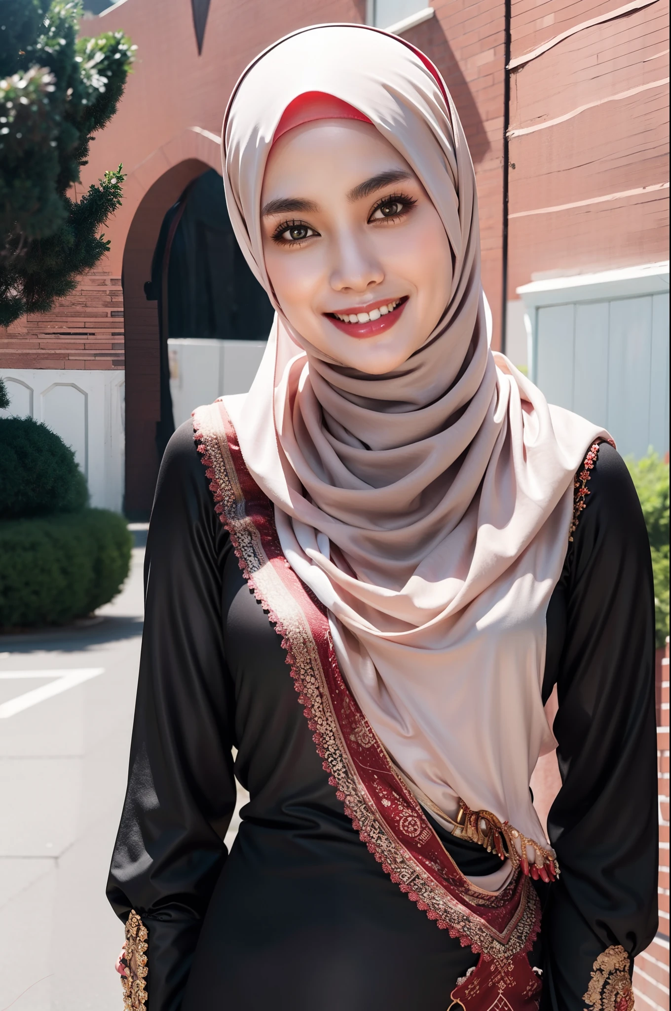 25old years, hijab, long dress, black legging, Standing at park, glare expression, smile, Slanted eyes, red nails, at photo room, half body, beautiful face, photorealistic, masterpiece