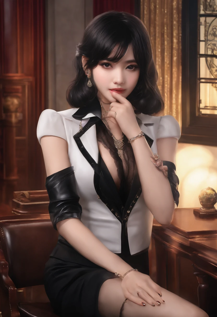 Wearing black leather gloves up to the fingertips in both hands, covering the upper body, black leather double riders jacket, slender necklace, a young and cute Japanese girl with beautiful black hair, sitting on a black leather chair facing the desk in the president's room at night, put her hands on her chest