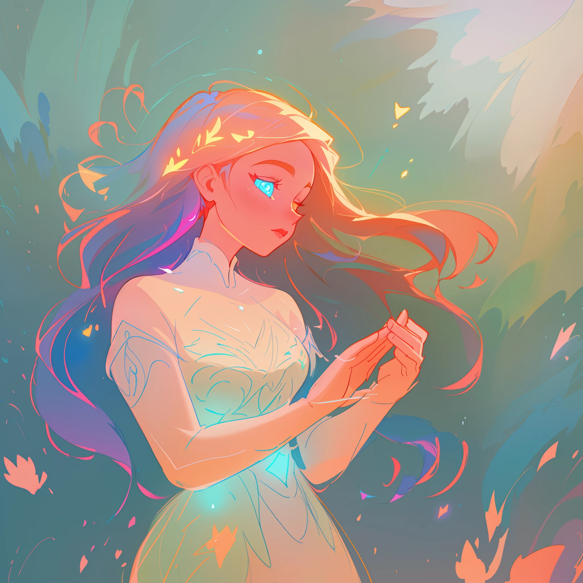there is a girl in a dress that is standing in the snow, inspired by Glen Keane, inspired by Lois van Baarle, disney art style, by Lois van Baarle, glowing aura around her, by Glen Keane, jen bartel, glowing lights! digital painting, flowing glowing hair, glowing flowing hair, beautiful digital illustration