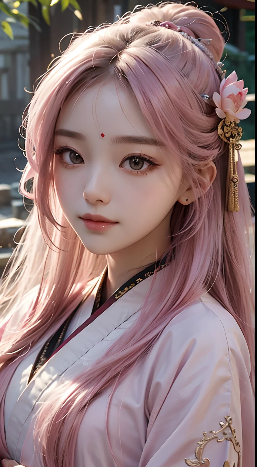 a pregirl,long whitr hair,Wearing ancient Chinese style pink Hanfu,Lotus hairpin,ssmile,Every detail of the face and costume is presented in extreme close-ups,The level of detail is extraordinary,