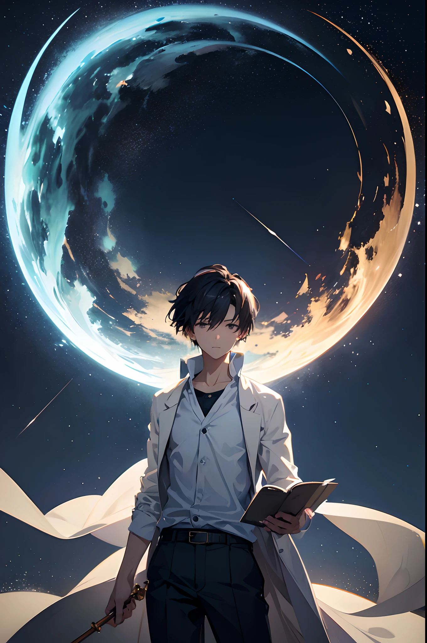 Create exquisite illustrations reminiscent of Makoto Shinkai's style, It has ultra-fine details and top-notch quality. Create an illustration of a young man standing under a fantastic starry sky, As if carried by the winds of heaven、Countless sheet music swirled around him. He wields the conductor's baton, Create an ethereal dance of notes. His posture and gestures resemble those of a conductor, Orchestrating symphonies in the universe itself. Starry sky providing breathtaking backdrop, Full of cosmic wonders. This enchanting scene is、Exudes an aura of enchantment and nostalgia, Invite viewers to participate in celestial harmony.