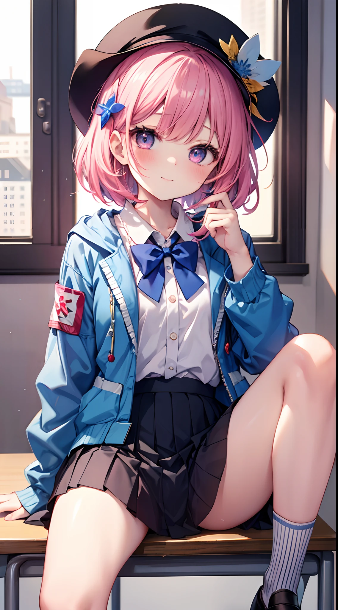 Masterpiece to the smallest detail、top-quality、1girl in、独奏、Looks like a 5--old、cm petite beautiful girl、small tits、5 year olirs、Gradient Bob Forward、Pink and purple mesh、tall, Big eyes、Outstanding looks、A lovely child、proximity、Closed_Mo smile、red blush、full of shyness、blue headwear、Hats、pink bowtie、校服、 Blue jacket、jaket、skirt by the、Gray skirt shirt、white shirt、an legs、Black socks、sitting on、Classroom、hair_ornament detached、up looking_で_viewer、beatiful detailed eyes、Akame、panties on、lift up one's skirt、Professional effects