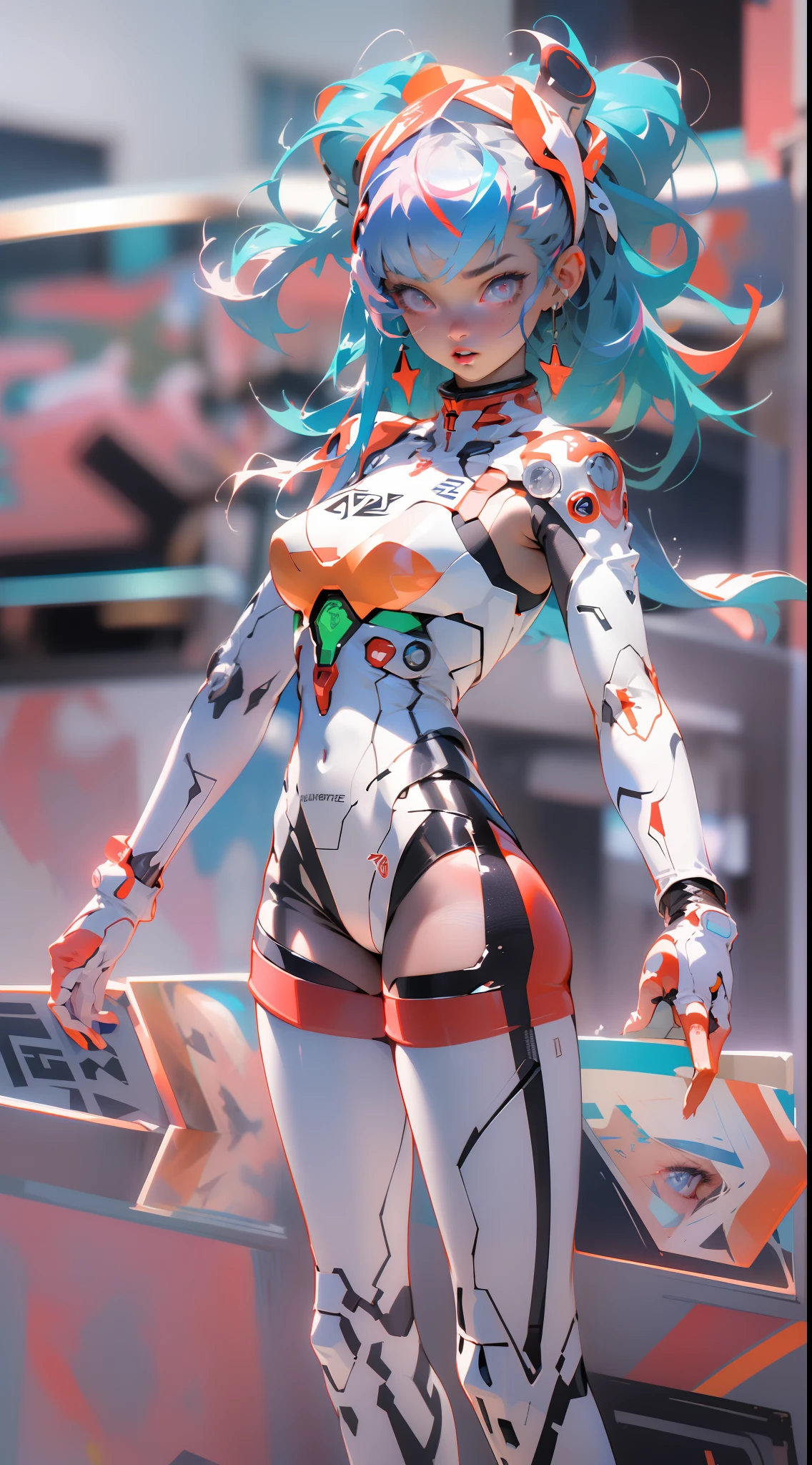 ((Best quality)), ((masterpiece)), (detailed: 1.4), (Absurd), light-skinned ta with micro bikini, Genesis evangelion neon style clothing, red and white stripes, blue arms with white stars, 2 piece clothing, colored hair, tattoo on arms, cybernetic hand, pastel, centered, scale to fit dimensions, HDR (High Dynamic Range),Ray Tracing,NVIDIA RTX,Super-Resolution,Unreal 5,Subsurface dispersion, PBR Texture, Post-processing, Anisotropic filtering, Depth of field, Maximum clarity and sharpness, Multilayer textures, Albedo and specular maps, Surface shading, Accurate simulation of light-material interaction, Perfect proportions, Octane Render, Two-tone lighting, Wide aperture, Low ISO, White balance, Rule of thirds, 8K RAW, crysisnanosuit