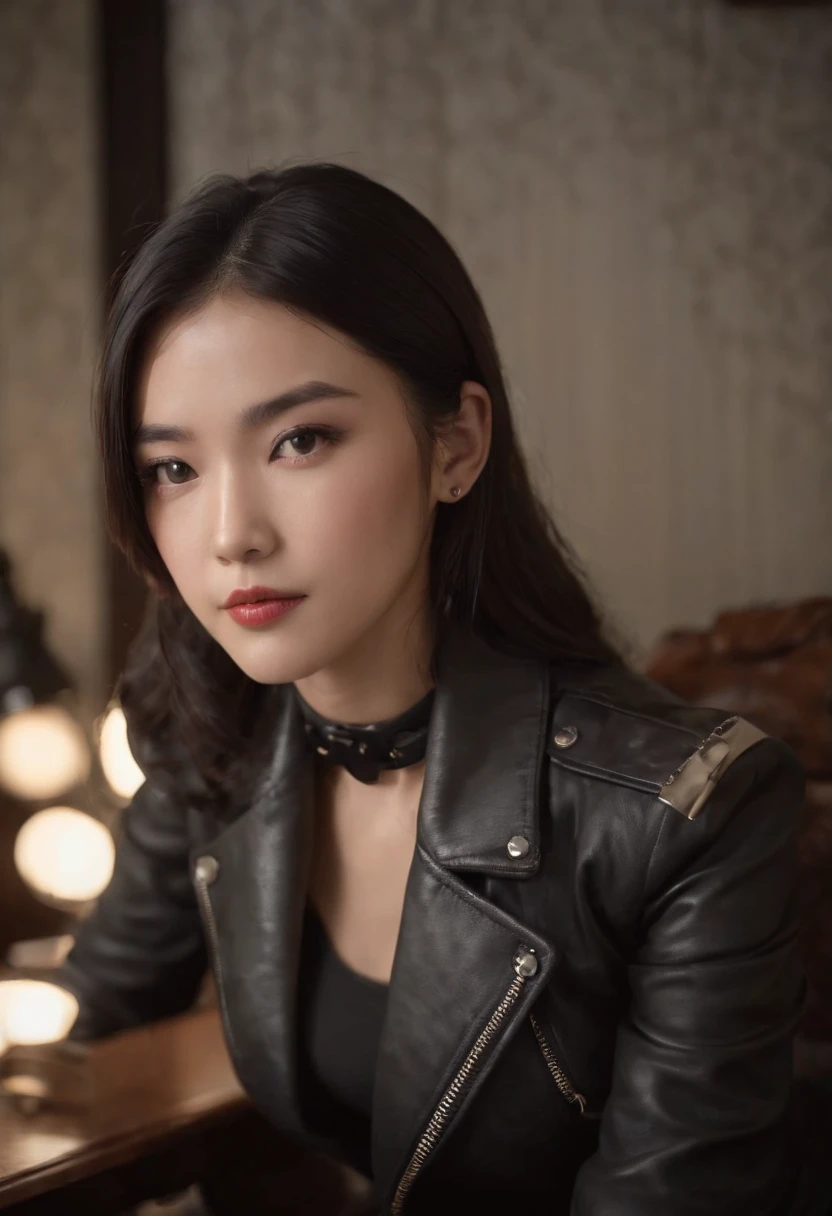 Wearing black leather gloves up to the fingertips in both hands, covering the upper body, black leather double riders jacket, slender necklace, a young and cute Japanese girl with beautiful black hair, sitting on a black leather chair facing the desk in the president's room at night, put her hands on her chest