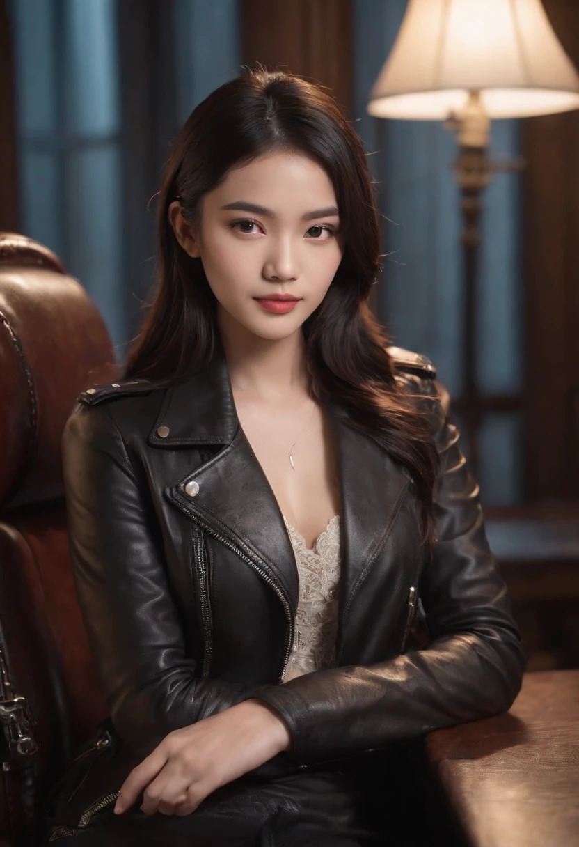 Wearing black leather gloves up to the fingertips in both hands, covering the upper body, black leather double riders jacket, slender necklace, a young and cute Japanese girl with beautiful black hair, sitting on a black leather chair facing the desk in the president's room at night, put her hands on her chest