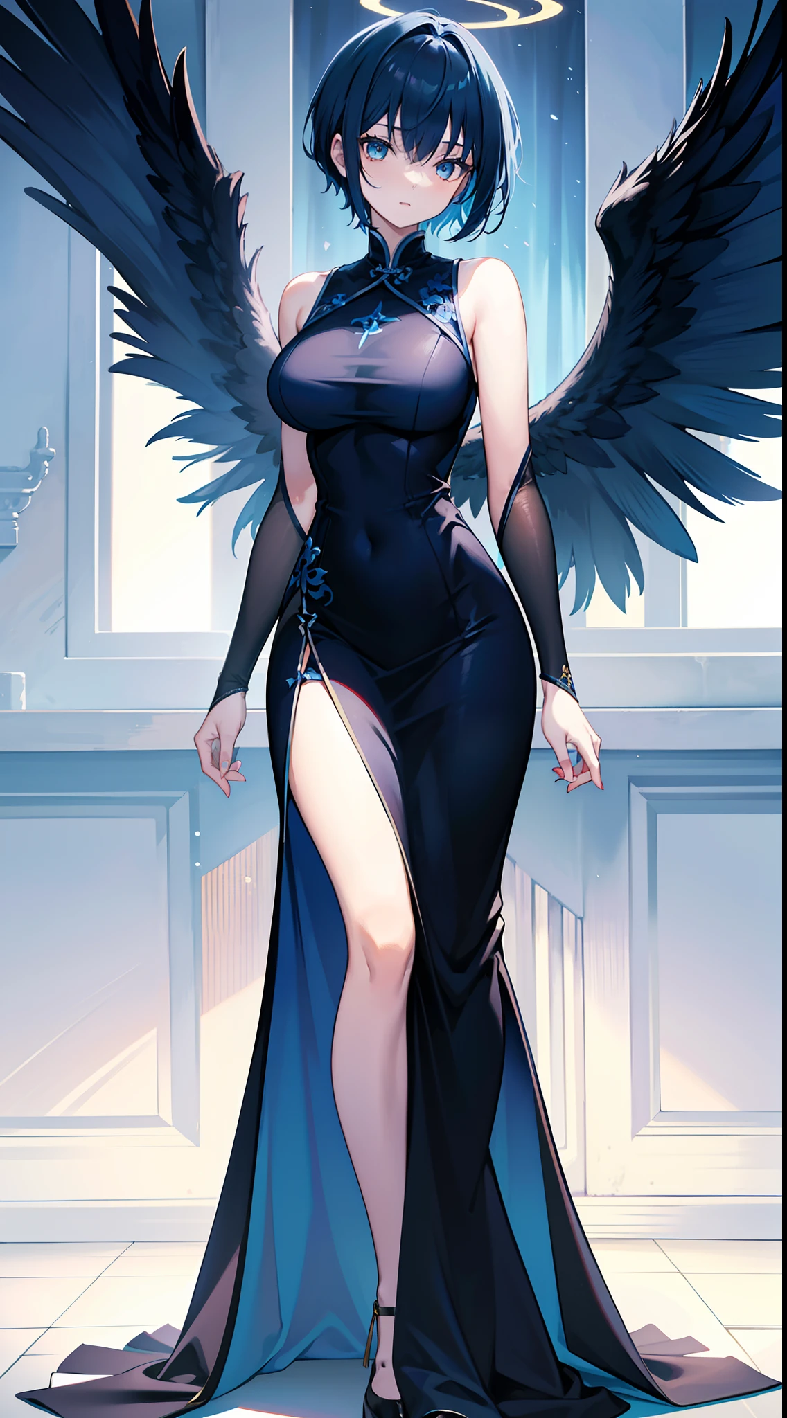 Tall girl, Short blue hair, blue eyes, Black Chinese dress, Blue inserts, open shoulders, big angel wings, Masterpiece, hiquality, high detail, HD, 4k