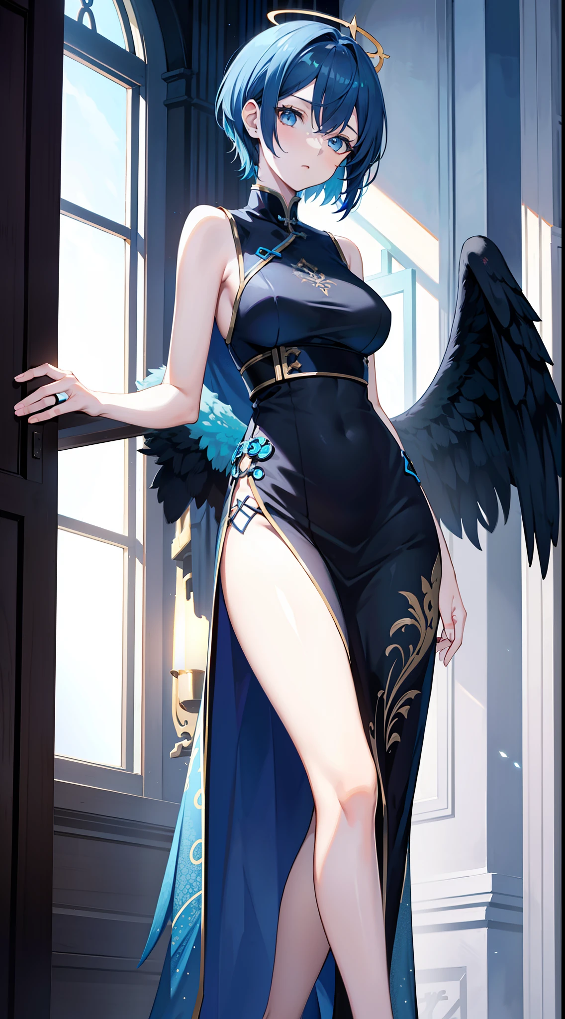 an orange sleeveless qípáo, with white feathers around the shoulder holes and a Chinese symbol on her chest and white shorts with black lining, pink ballet slippers with straps around her shins, and matching pink hairbands and thick glowing bracelets