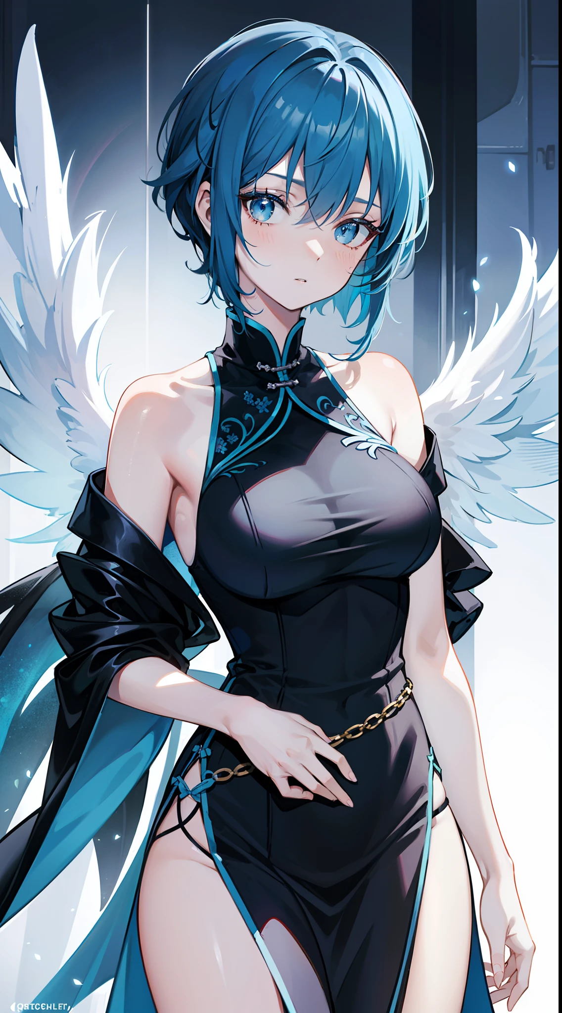 Tall girl, Short blue hair, blue eyes, Black Chinese dress, Blue inserts, open shoulders, big angel wings, Masterpiece, hiquality, high detail, HD, 4k