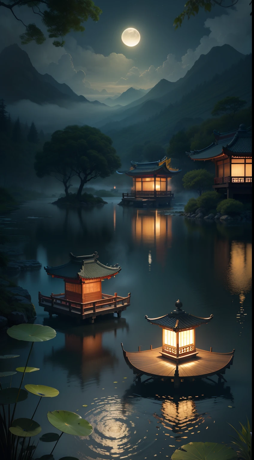 master part, best quality, Estilo de artes marciais chinesas, Asian night view with lanterns and water lilies, Night view of the Asian lagoon with many lanterns and boats with many lights and boats on the water, lago, lotuses, bela vista noturna, (((Estilo de artes marciais chinesas))), Vast sky, mountain cliffs, Estilo de tinta, Luz de contorno, atmospheric atmosphere, profundidade de campo, Rising fog, bambu, pine tree, octagonal stone pavilion, waterfall flowing water, lua cheia grande,