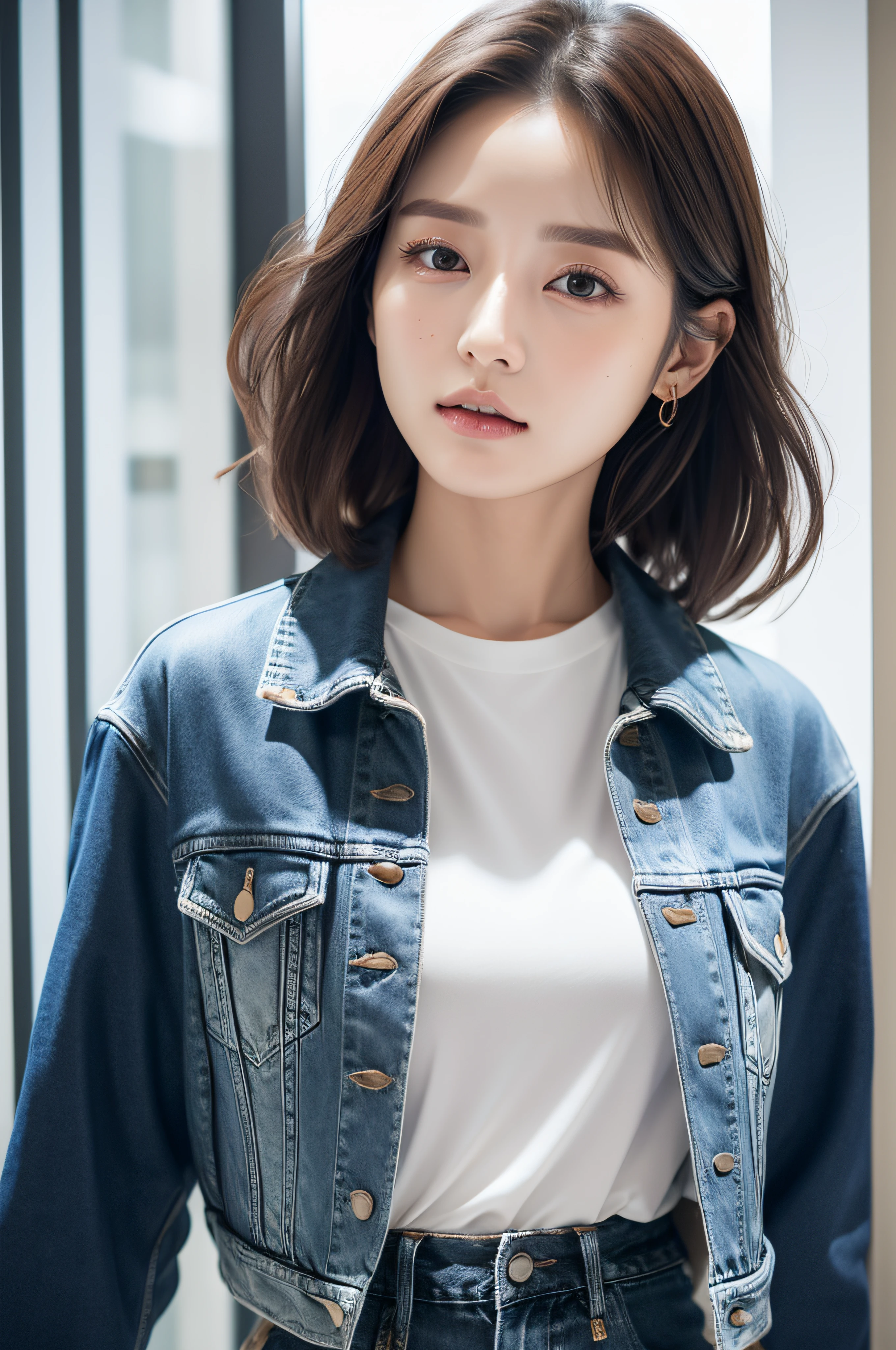 ((masterpiece,top-quality)), (photographrealistic:1.4),((masutepiece,8K)),hight resolution,Studio Soft Light, Rim Lights, vibrant detail, realistic skin textures,Japanese, 1 beautiful woman, short Hair, wave hair, faint thin bangs, make - up, 38 years old, Detailed skin, denim jacket, wide-leg pants, Standing, White background, White Room,white walls, fully body photo, looking at viewer