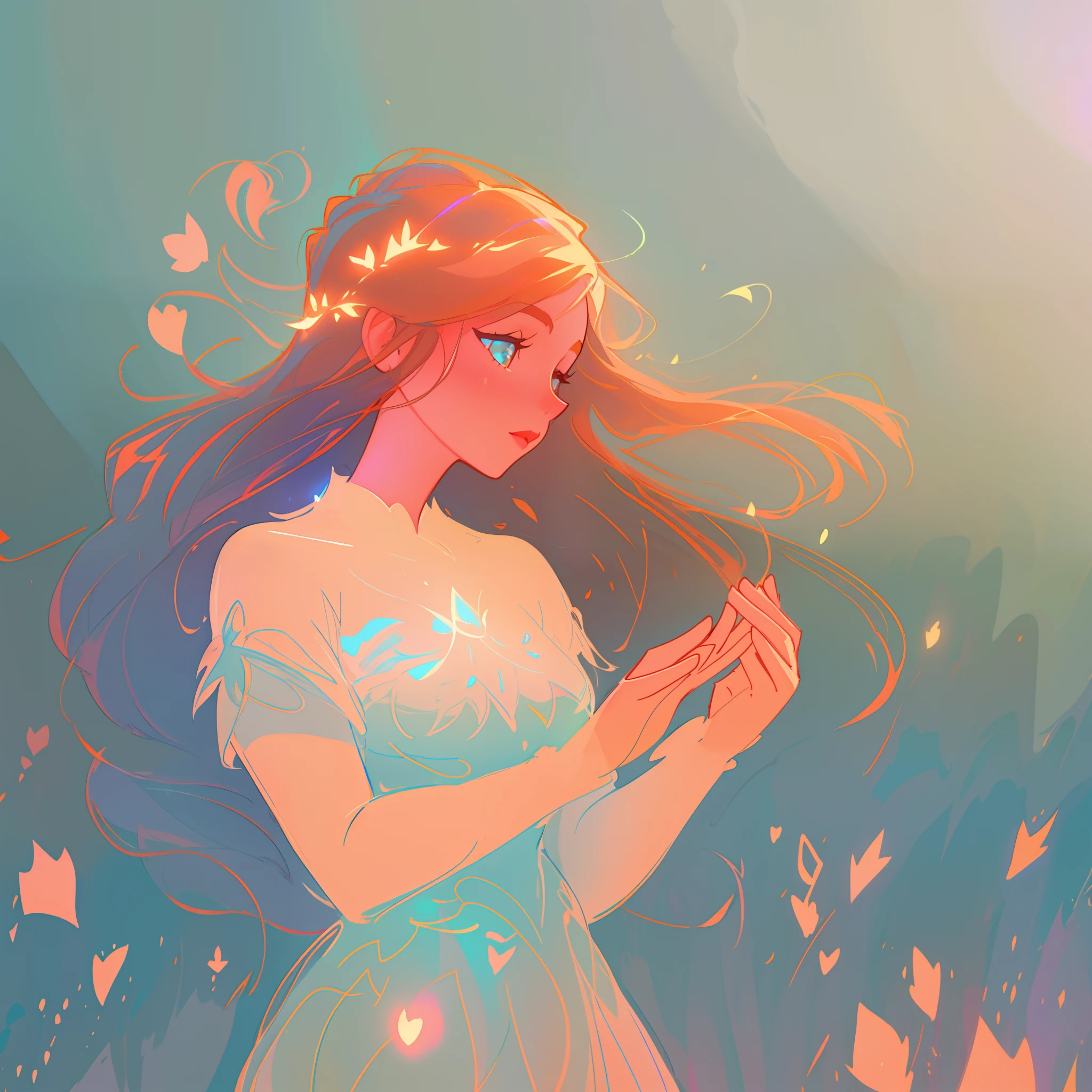 there is a girl in a dress that is standing in the snow, inspired by Glen Keane, inspired by Lois van Baarle, disney art style, by Lois van Baarle, glowing aura around her, by Glen Keane, jen bartel, glowing lights! digital painting, flowing glowing hair, glowing flowing hair, beautiful digital illustration