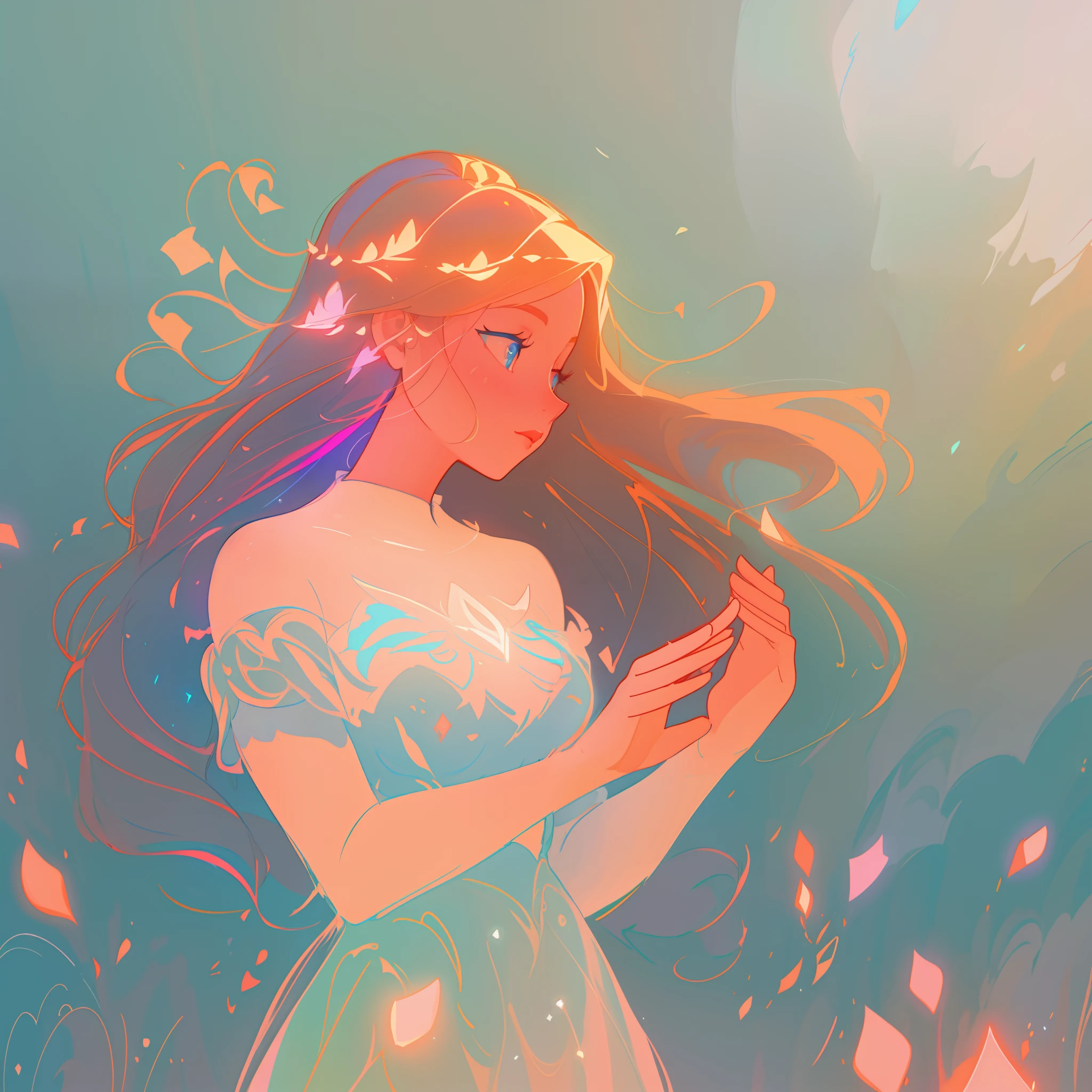 there is a girl in a dress that is standing in the snow, inspired by Glen Keane, inspired by Lois van Baarle, disney art style, by Lois van Baarle, glowing aura around her, by Glen Keane, jen bartel, glowing lights! digital painting, flowing glowing hair, glowing flowing hair, beautiful digital illustration
