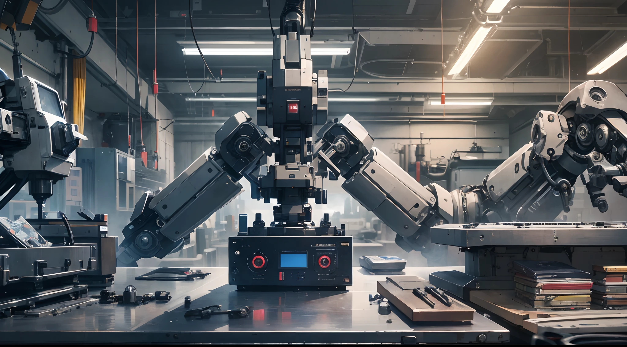 There are three robotic arms on the scientific mechanical workbench (with Mechanical Technology Factory 1.5 in the background) (masterpiece: 1.3) with an unbeatable masterpiece, surreal 8K, perfect artwork, super detail, best quality, masterpiece 4K wallpaper aesthetics, masterpiece, award-winning artwork, official art