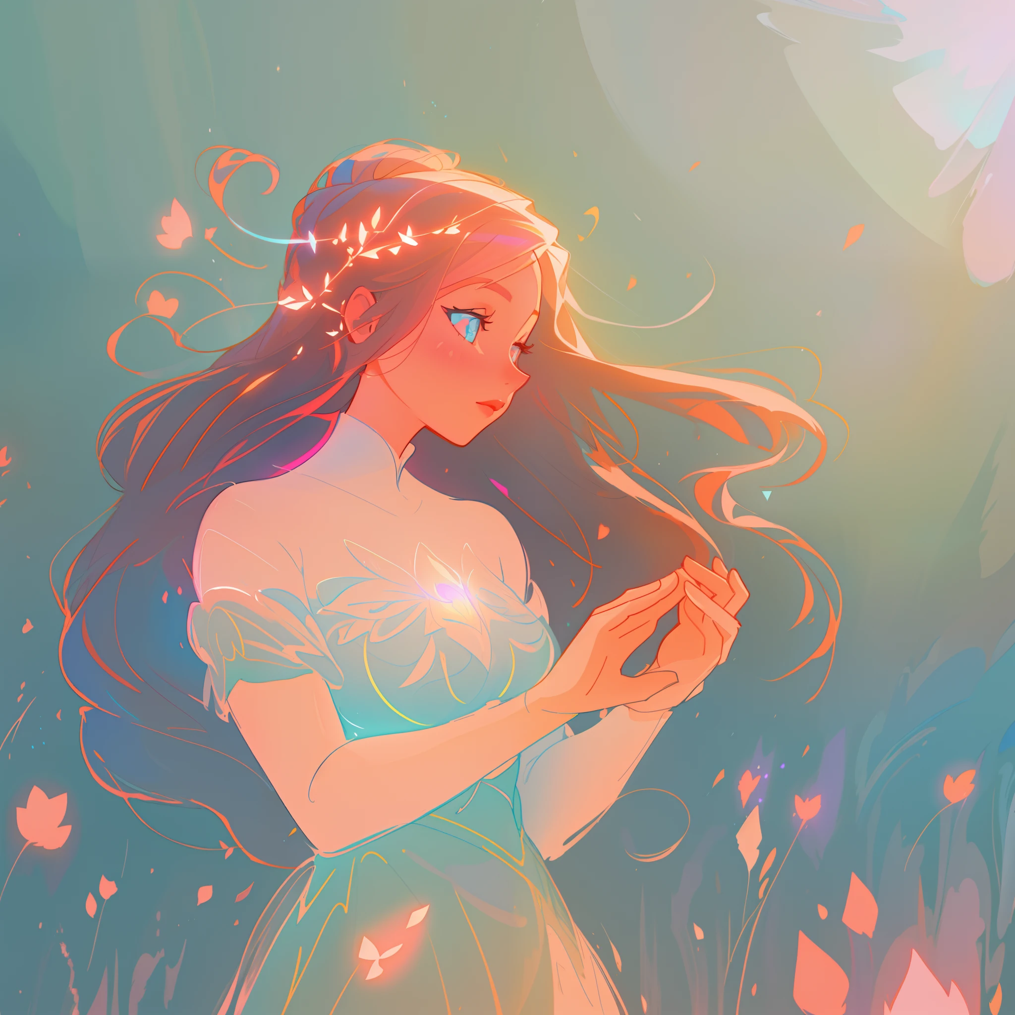 there is a girl in a dress that is standing in the snow, inspired by Glen Keane, inspired by Lois van Baarle, disney art style, by Lois van Baarle, glowing aura around her, by Glen Keane, jen bartel, glowing lights! digital painting, flowing glowing hair, glowing flowing hair, beautiful digital illustration