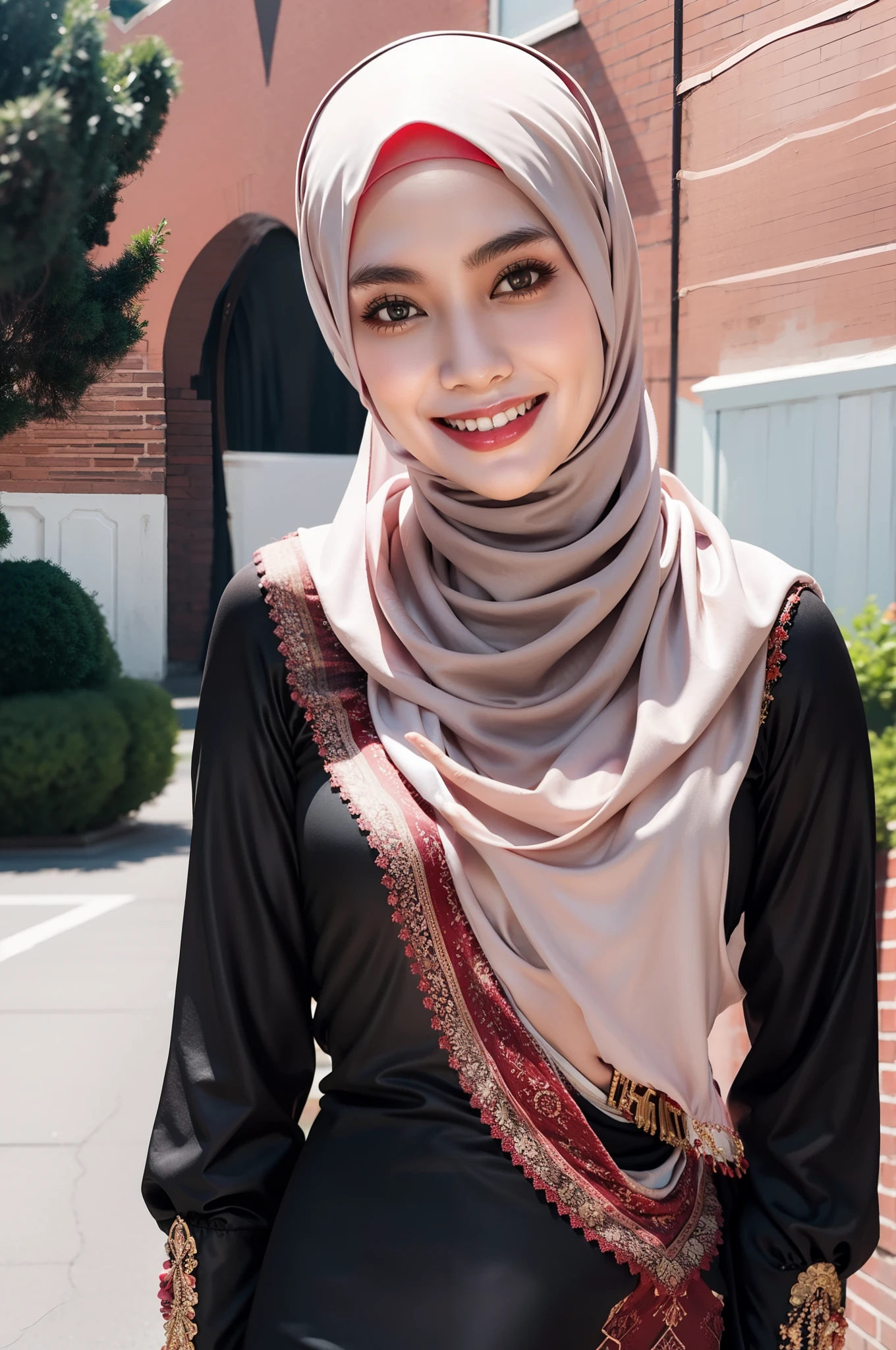 25old years, hijab, long dress, black legging, Standing at park, glare expression, smile, Slanted eyes, red nails, at photo room, half body, beautiful face, photorealistic, masterpiece