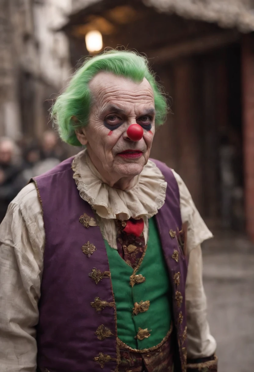 batman comics concept，80-year-old clown beggar with a fierce expression， guffaw，Fitness ，The expression is fierce，Dirty green hair ,Fierce expression,full bodyesbian,kung fu pose，Tattered purple coat，Like a bum，Wandering the streets,very  poor,ripped clothing