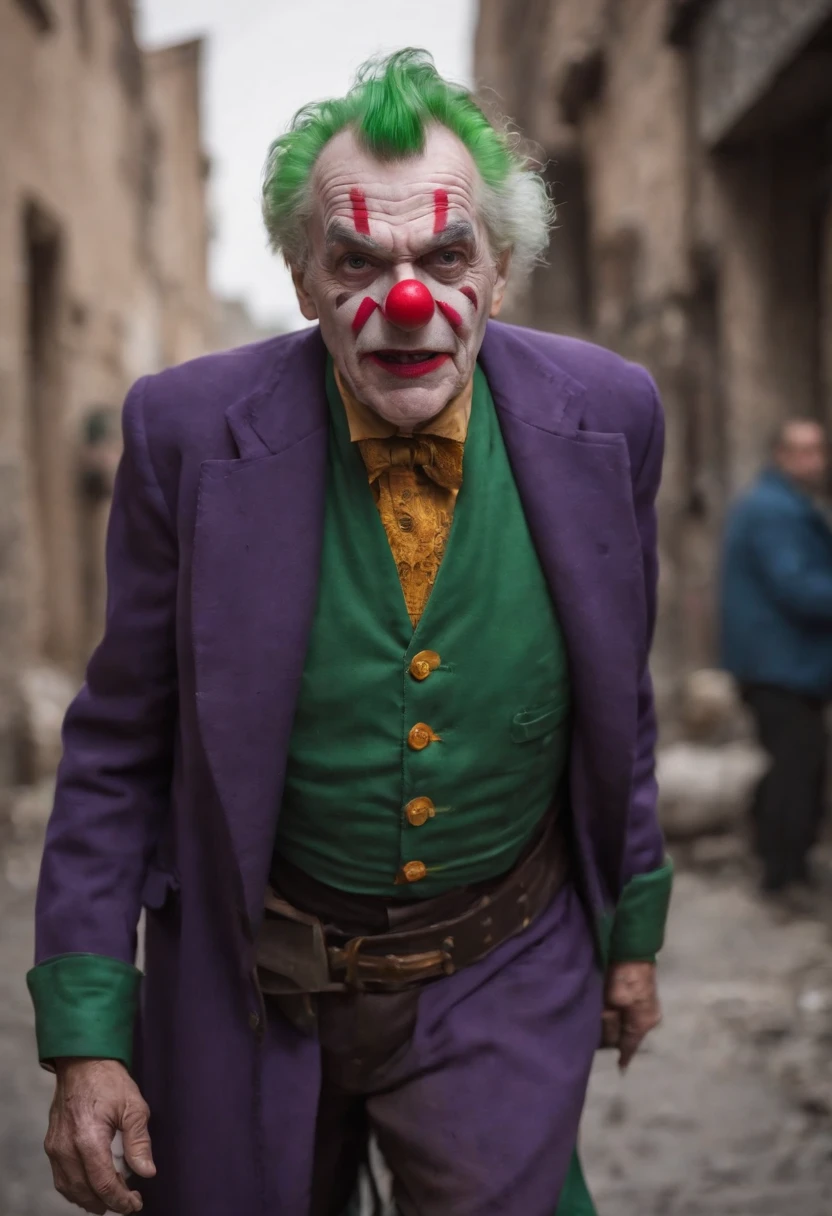 batman comics concept，80-year-old clown beggar with a fierce expression， guffaw，Fitness ，The expression is fierce，Dirty green hair ,Fierce expression,full bodyesbian,kung fu pose，Tattered purple coat，Like a bum，Wandering the streets,very dirty poor,ripped clothing