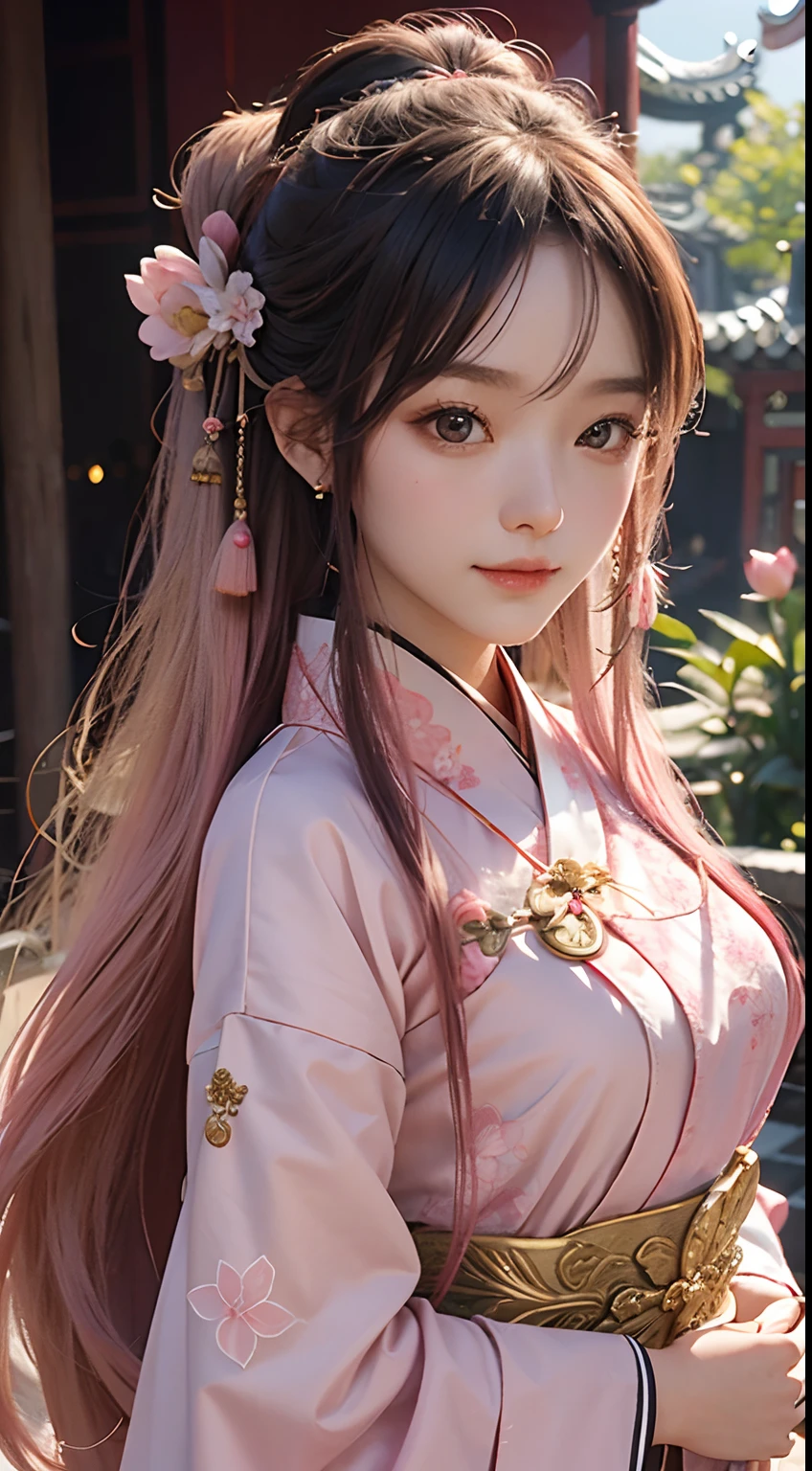 girls，long whitr hair，Wearing ancient Chinese style pink Hanfu，Lotus hairpin，standing on your feet，ssmile，Every detail of the face and costume is presented in extreme close-ups，The level of detail is extraordinary，