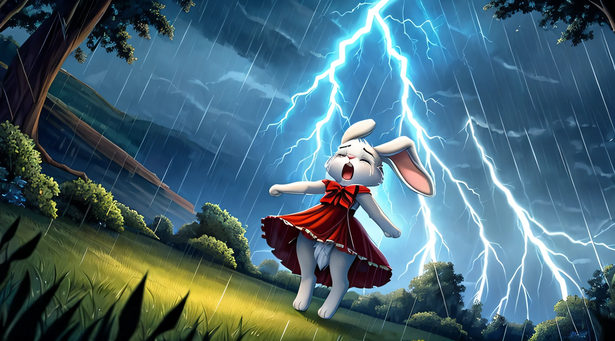 zoomed out image, fantasy style art, cute, adorable, short character, small, tiny little fluffy female white bunny, white fur, eyes shut, 4 ears, 2 extra ears, big floppy ears, long ears, ears perked up, raised ears, long eyelashes, poofy rabbit tail, wearing a red frilly ribbon dress, dress blowing in the wind, shouting, alone, firmly planted feet, open mouth, screaming at the sky, hands both clenched and raised in the air, tears, crying eyes, gloomy grey visuals, raining, lightning across the sky, thunderstorm, dark clouds, lightning, blowing leaves, leaves on the ground, falling trees, destroyed plants, digital illustration