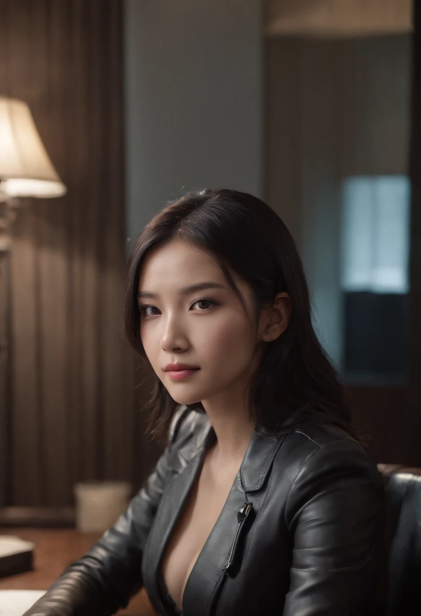 Wearing black leather gloves up to the fingertips and covering the upper body, black leather double rider jacket, slender necklace, a young and cute Japanese girl with beautiful black hair, sitting on a black leather chair facing the desk in the president's room at night, aligning both hands on the desk