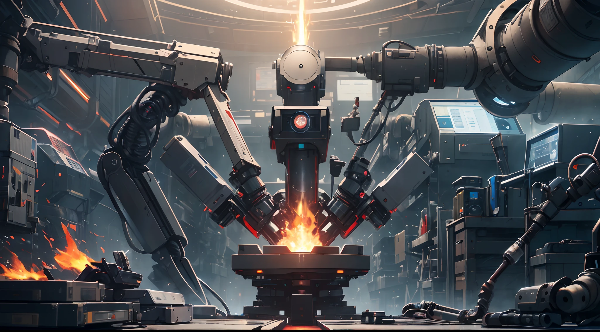 There are three robotic arms on the scientific mechanical workbench (background is or spark flying mechanical technology factory 1.5) (spark 1.8) masterpiece: 1.3) (futuristic technology 1.5) (science fiction 1.3) with unparalleled masterpiece, surreal 8K, perfect artwork, super detail, best quality, masterpiece 4K wallpaper aesthetics, masterpiece, award-winning artwork, official art